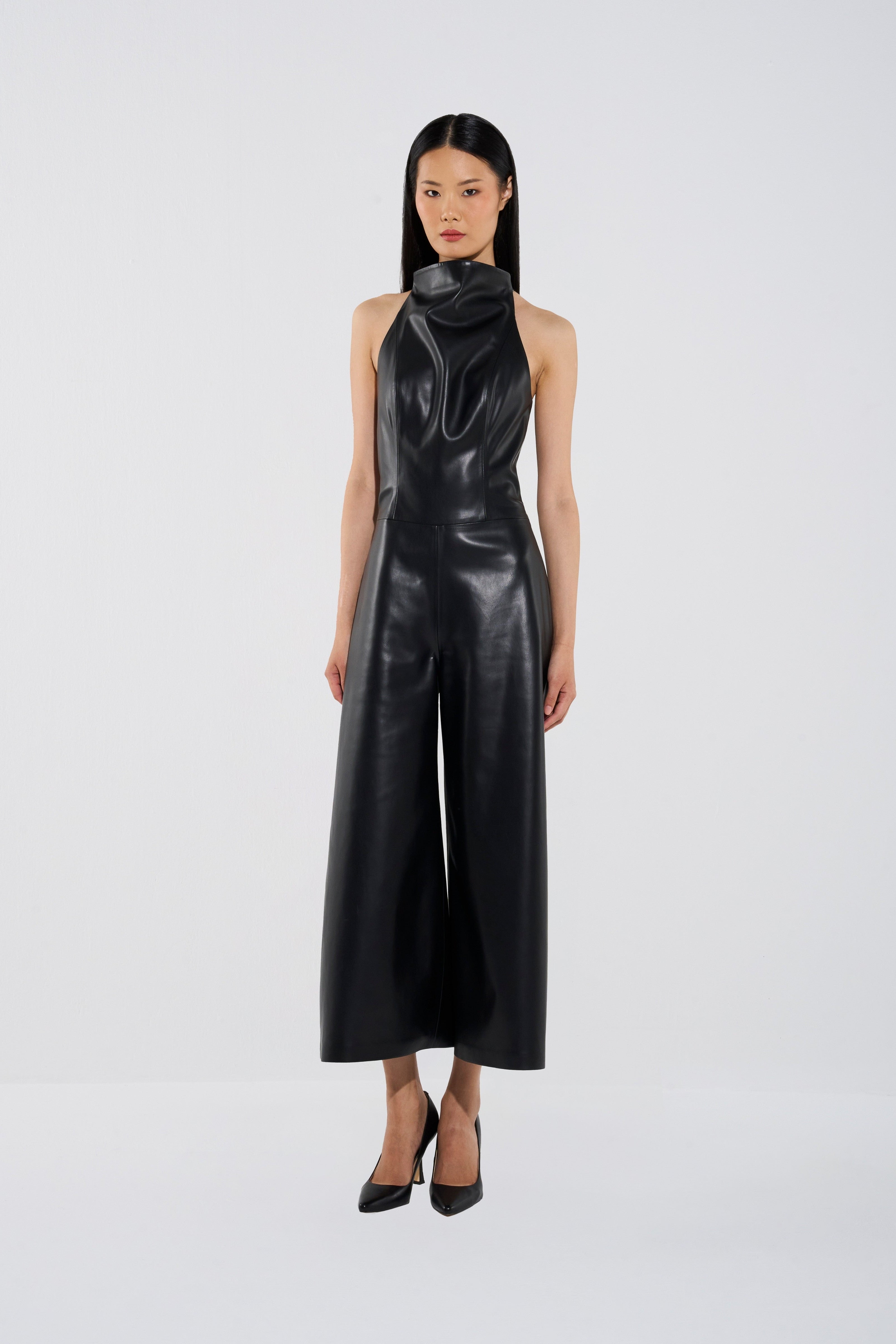 Vegan Leather Full-Length Halter Jumpsuit