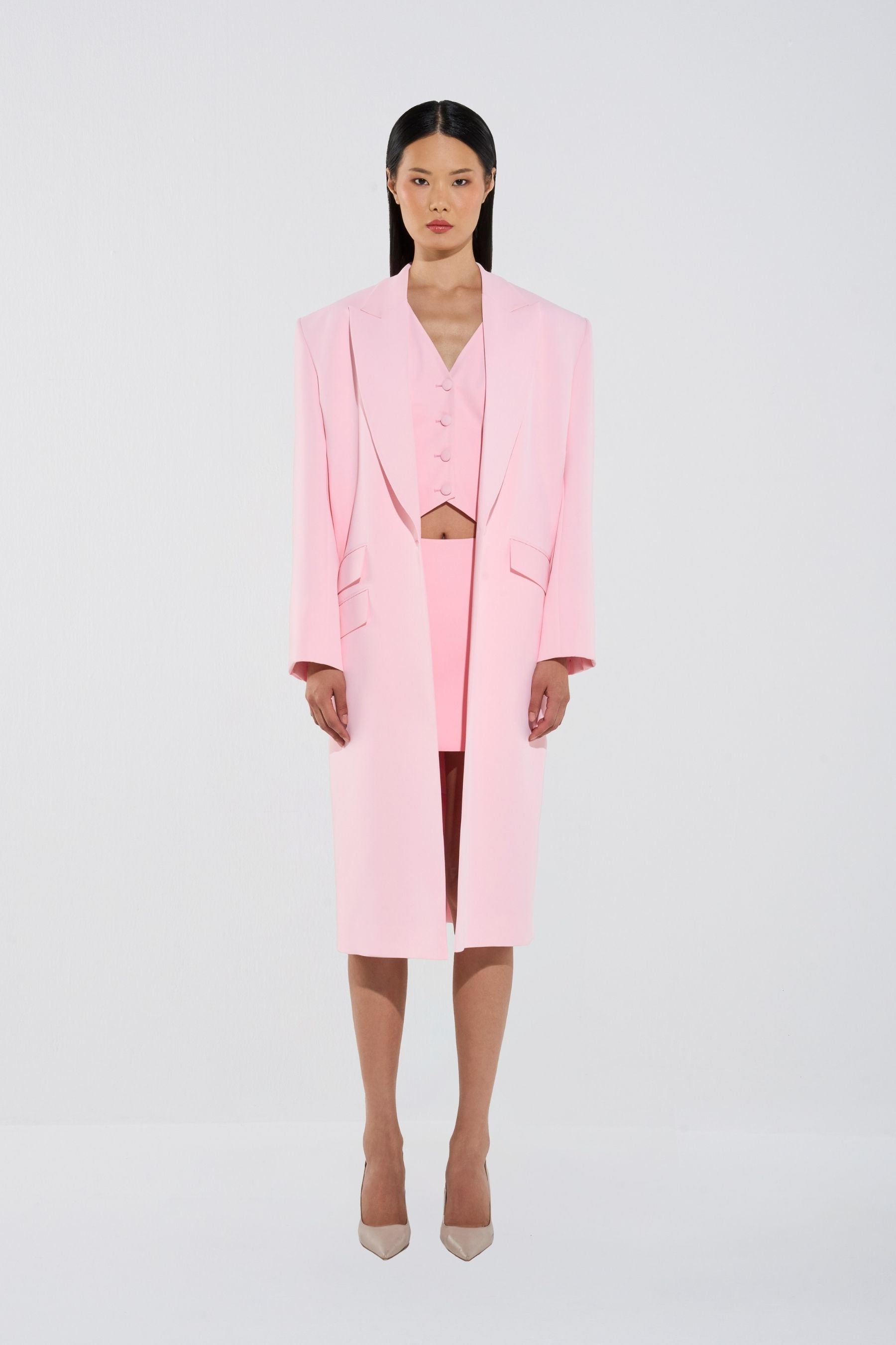 Chic Sculpted Blazer Coat, Vest and Skirt Set