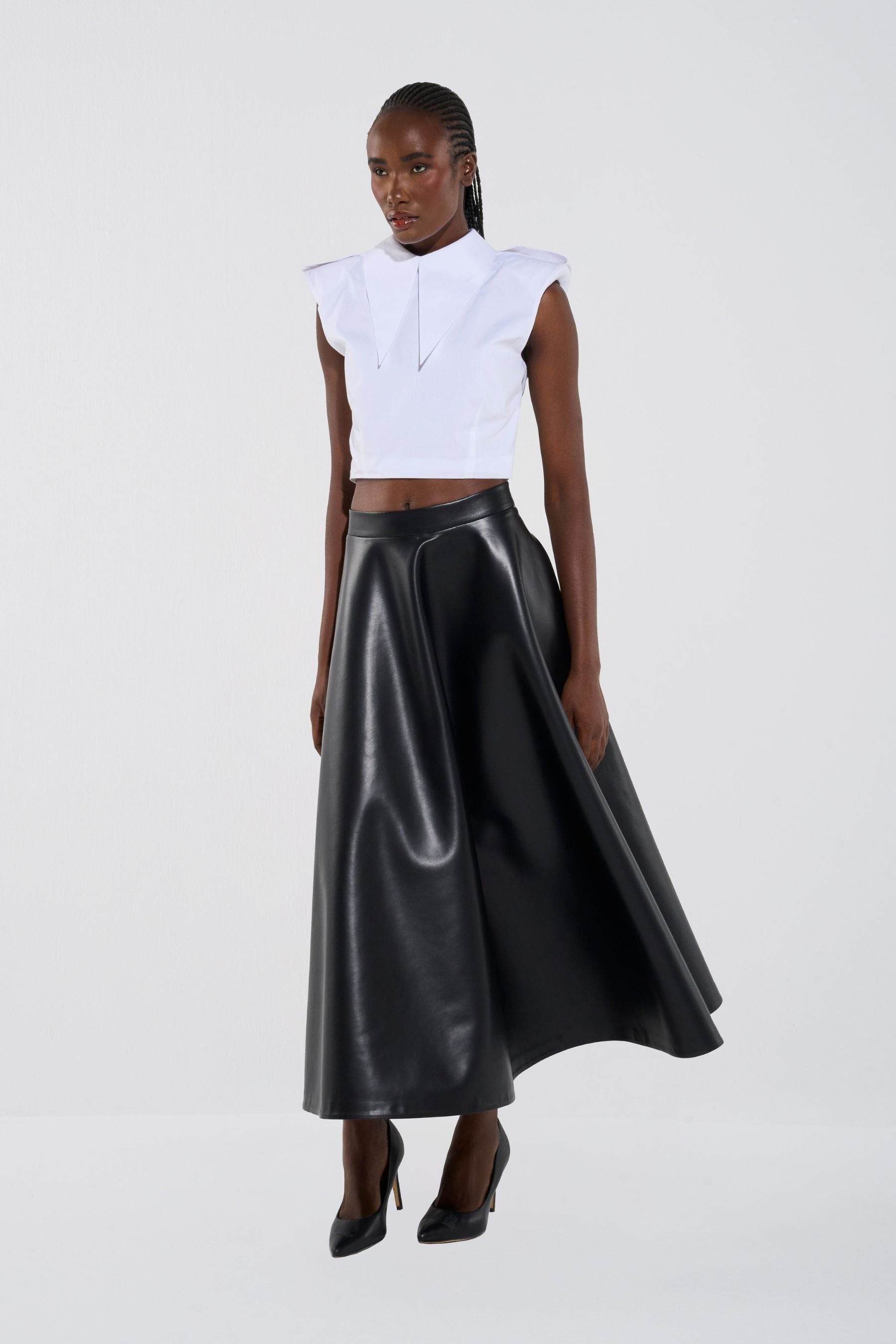 Cropped Shirt & Leather Maxi Skirt Set