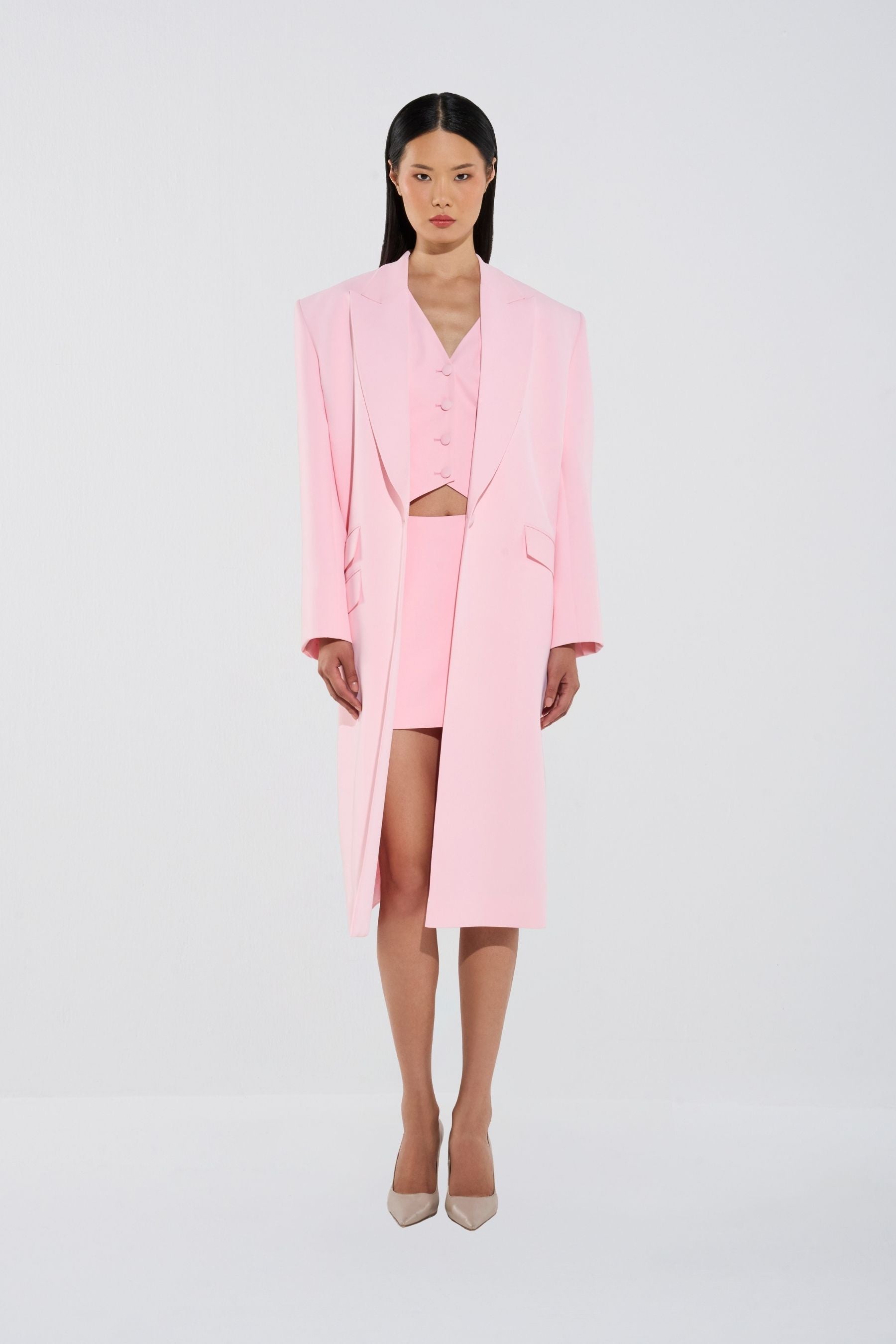 Chic Sculpted Blazer Coat, Vest and Skirt Set