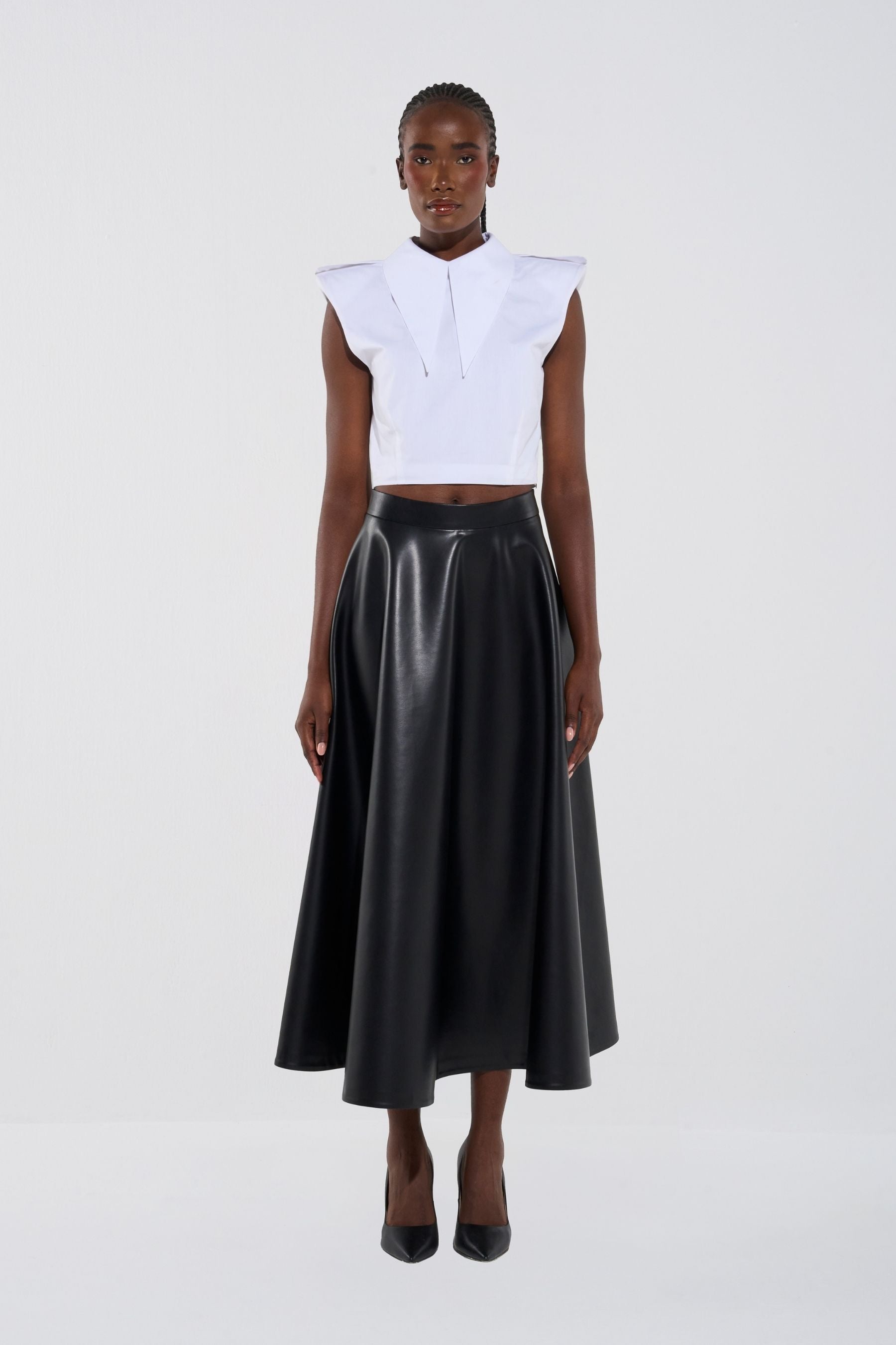 Cropped Shirt & Leather Maxi Skirt Set