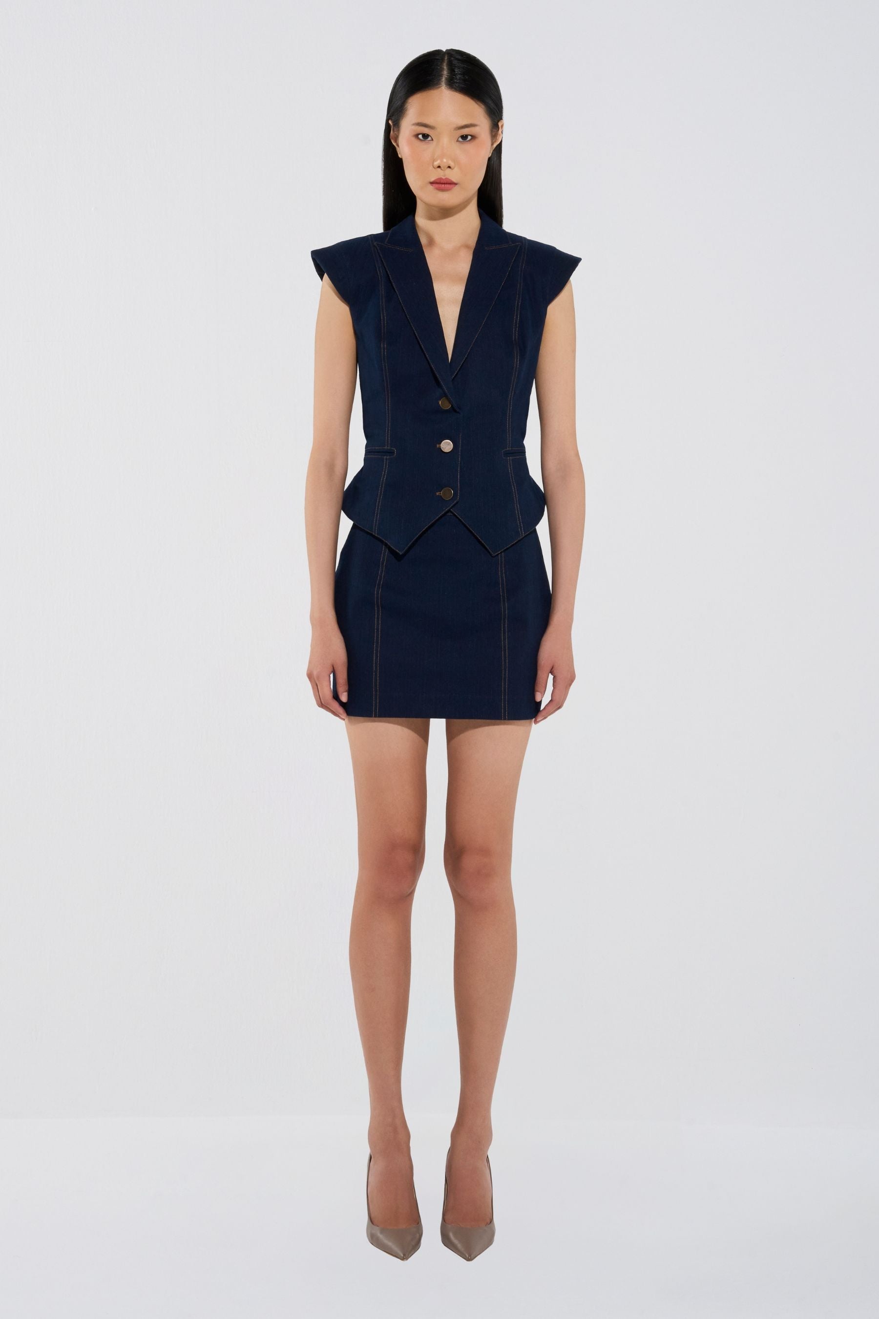 Tailored Denim Vest & Mini Skirt Set