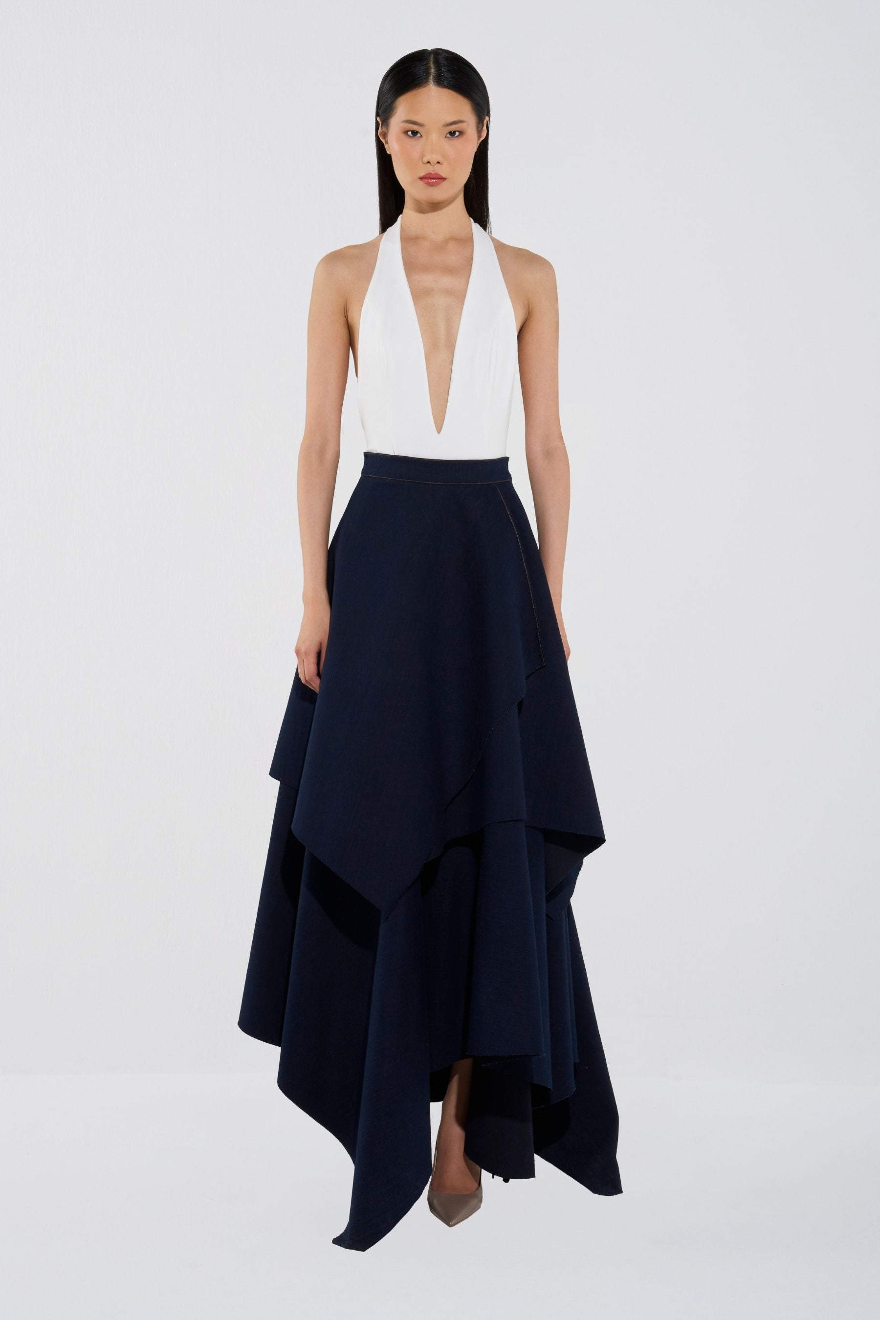 Plunge Bodysuit & Asymmetrical Denim Skirt Set