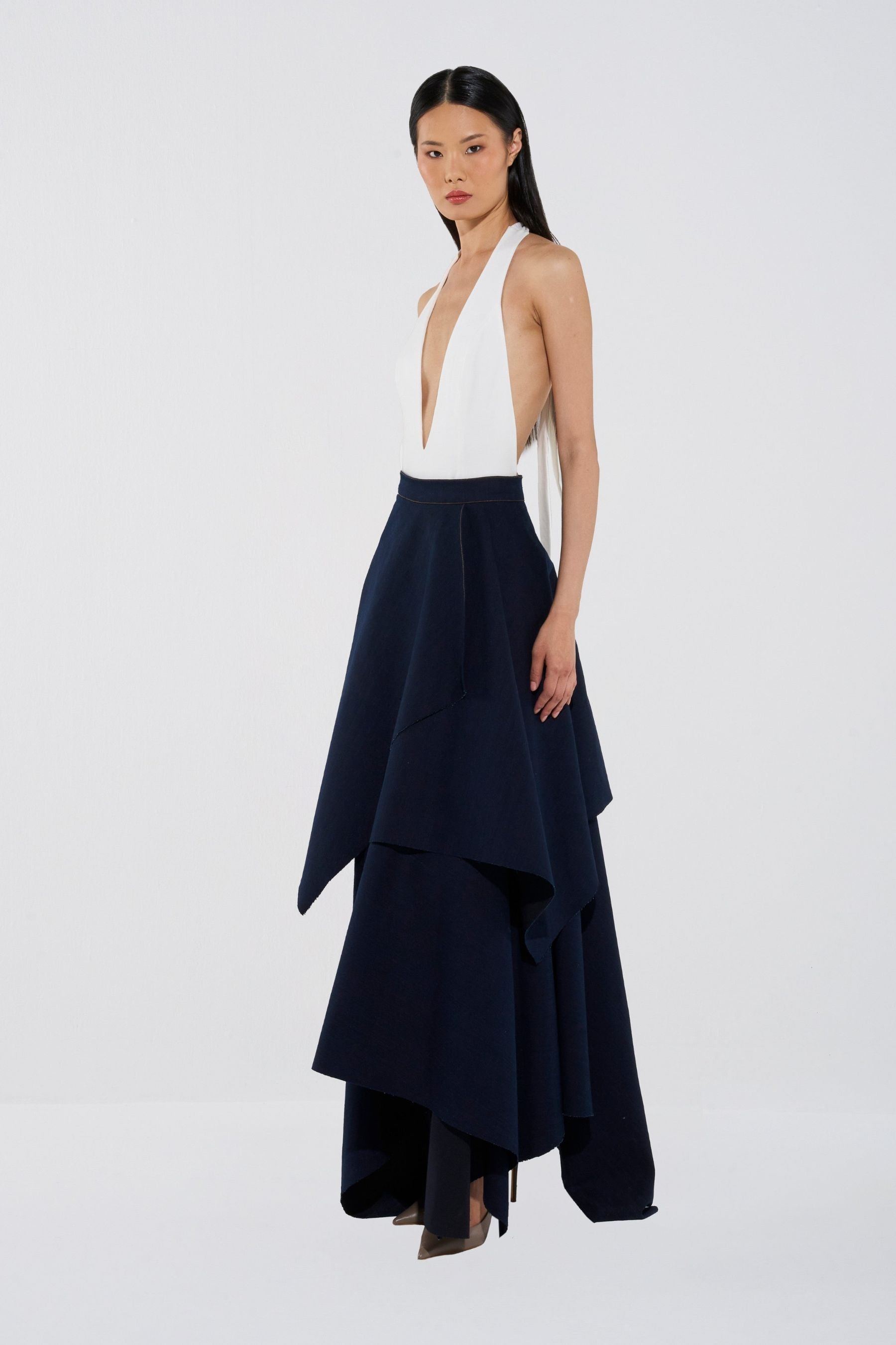 Plunge Bodysuit & Asymmetrical Denim Skirt Set