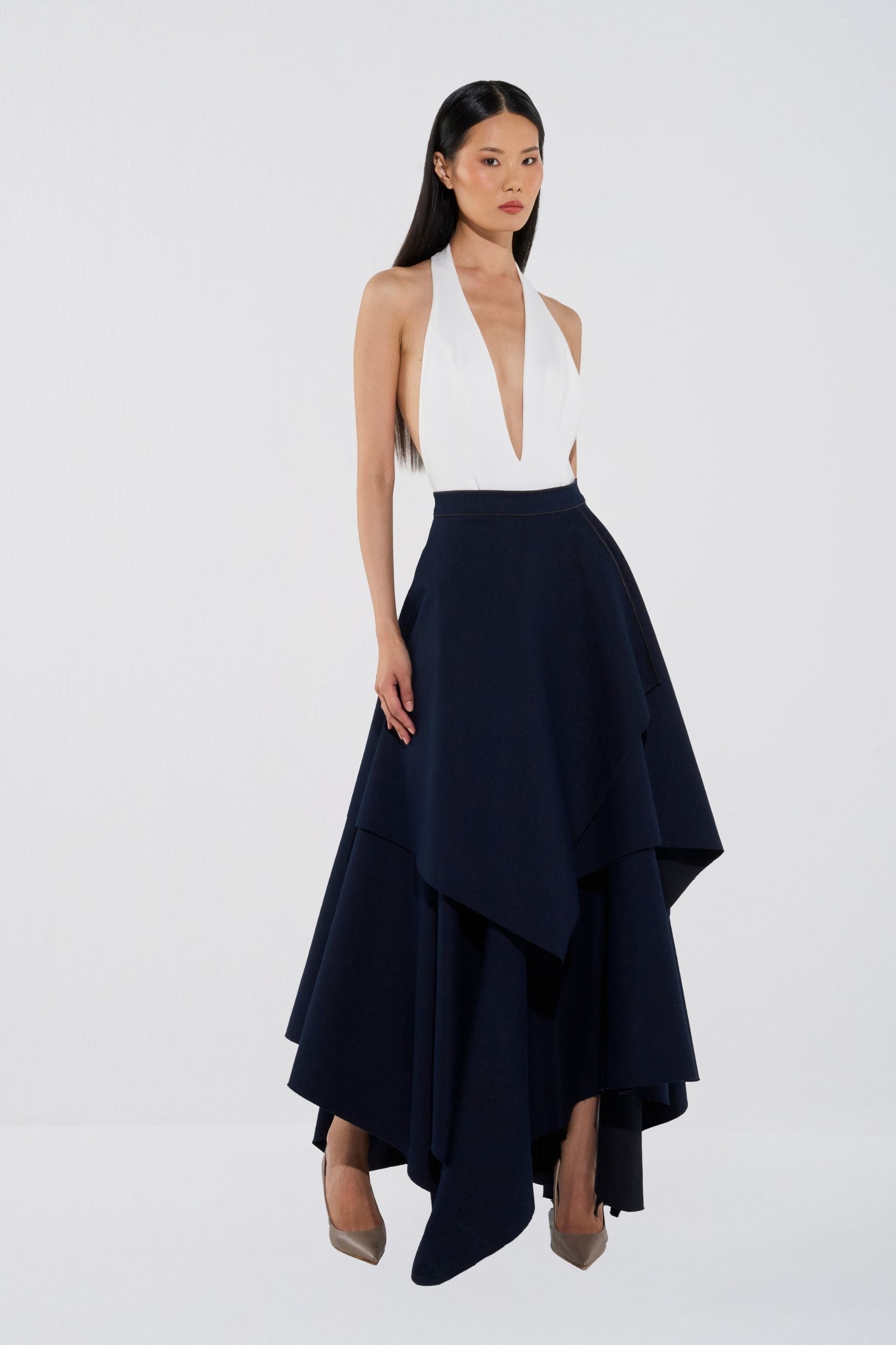 Plunge Bodysuit & Asymmetrical Denim Skirt Set