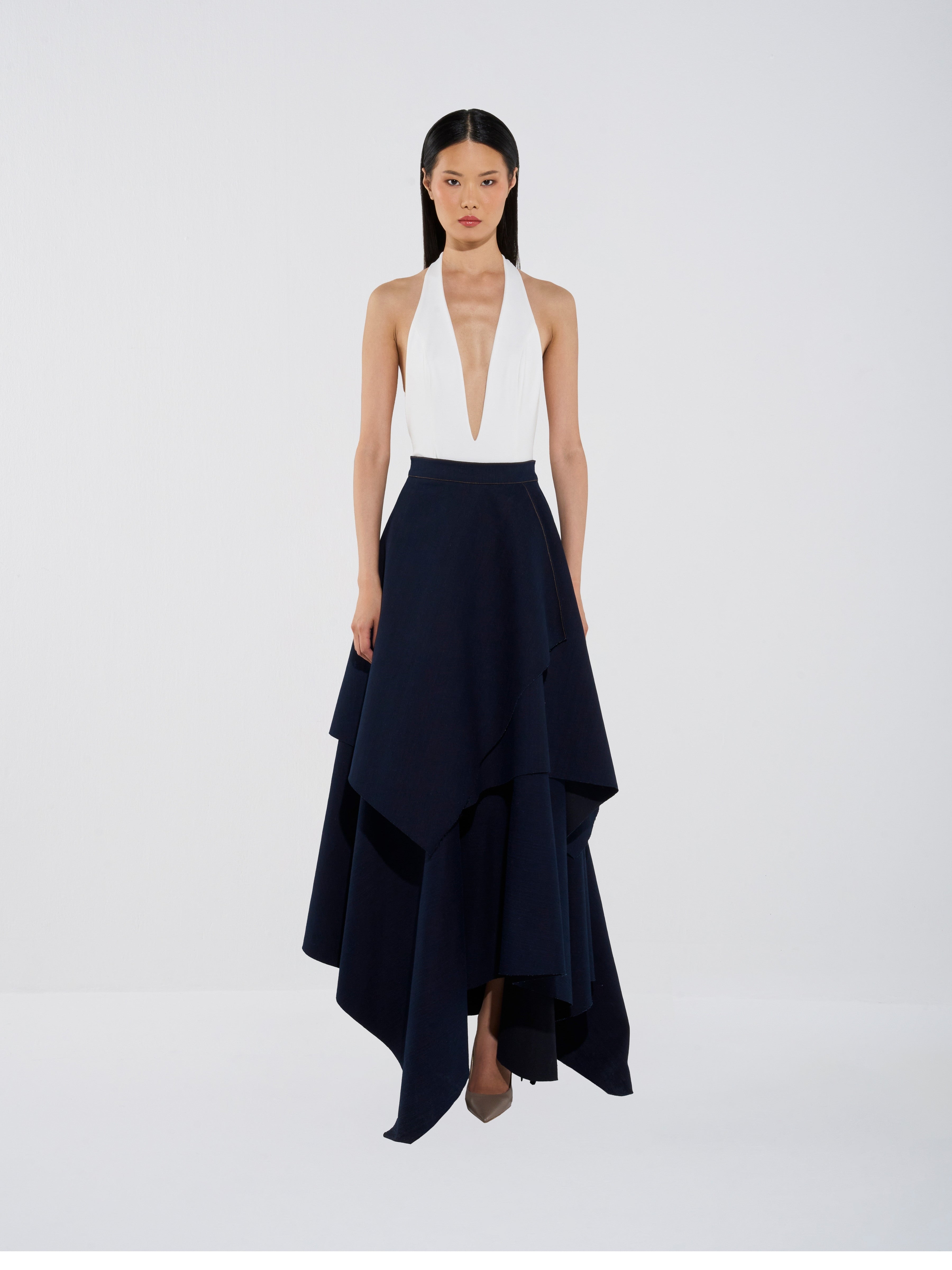 Plunge Bodysuit & Asymmetrical Denim Skirt Set