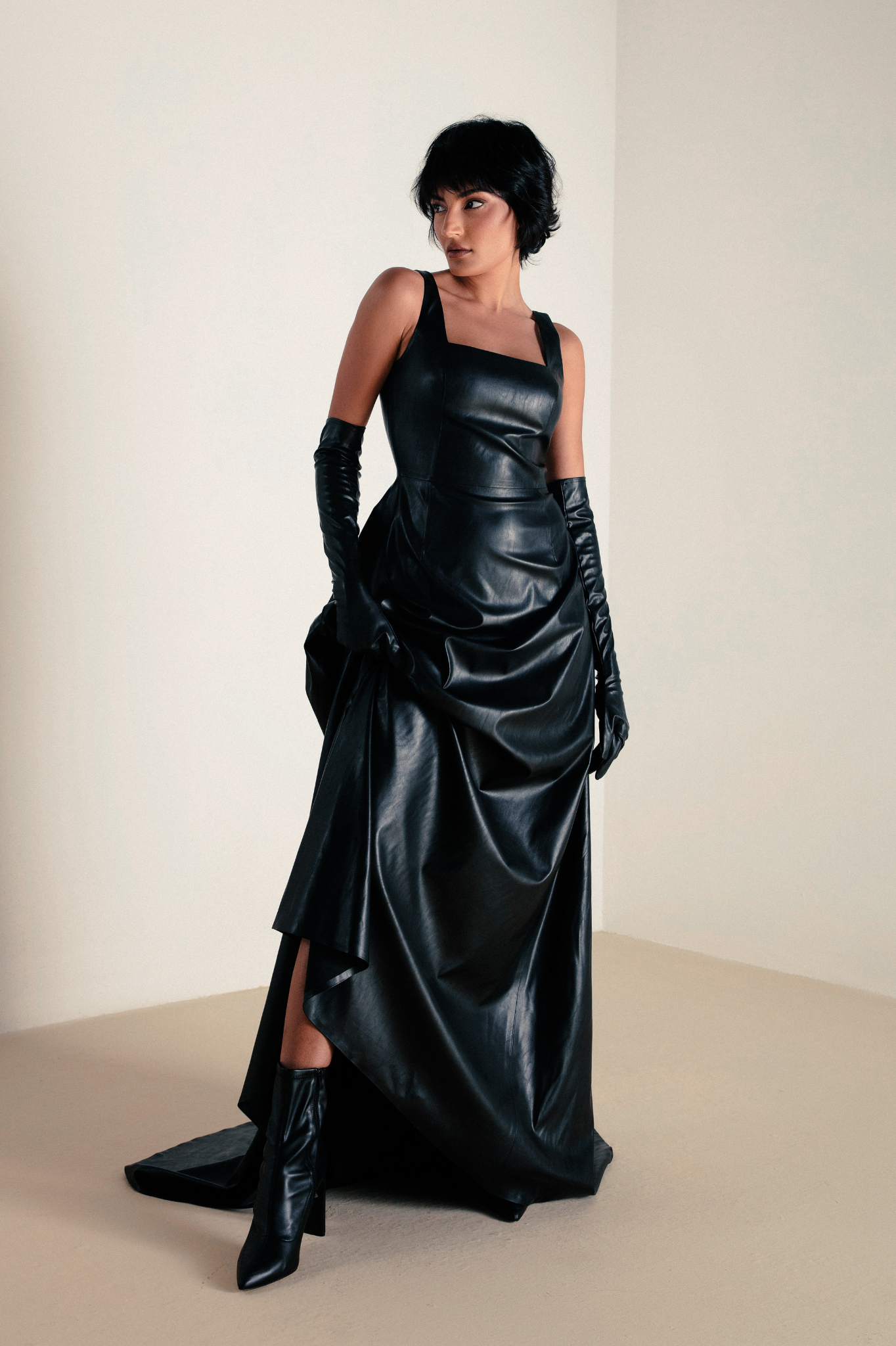 Vegan Leather Long Evening Dress