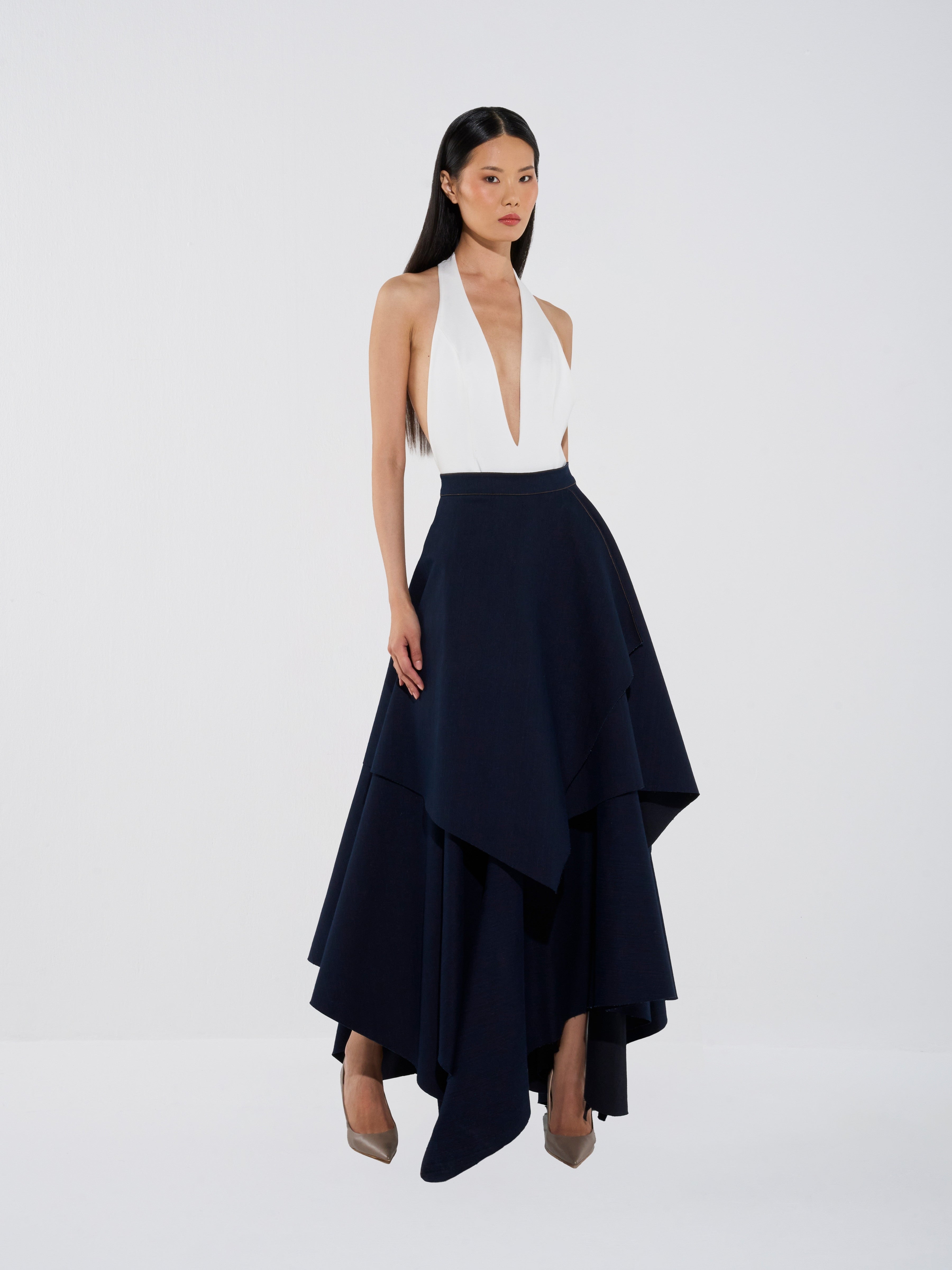 Plunge Bodysuit & Asymmetrical Denim Skirt Set