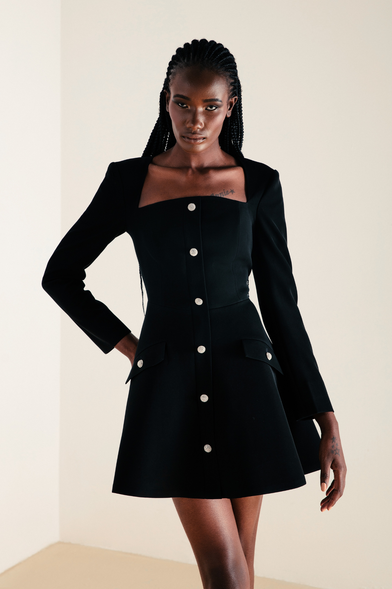Long Sleeve with Crystal Buttons Mini Dress