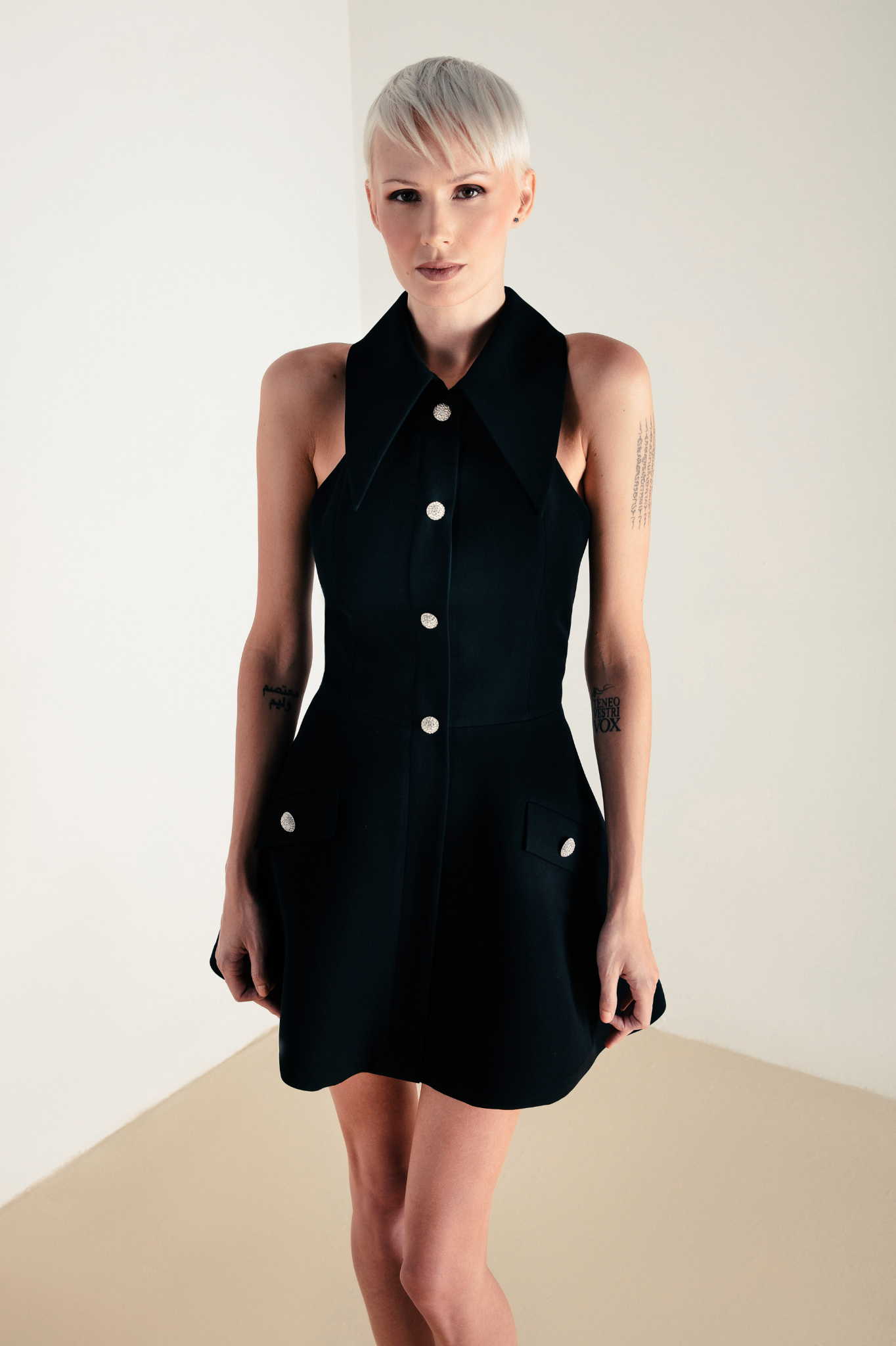Lili Blanc's Iconic Collar and Crystal Buttons Mini Dress
