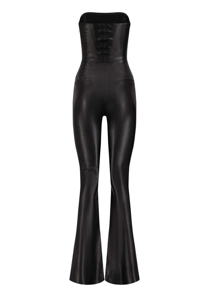 Vegan Leather Bodycon Jumpsuit With Zipper Deatiling