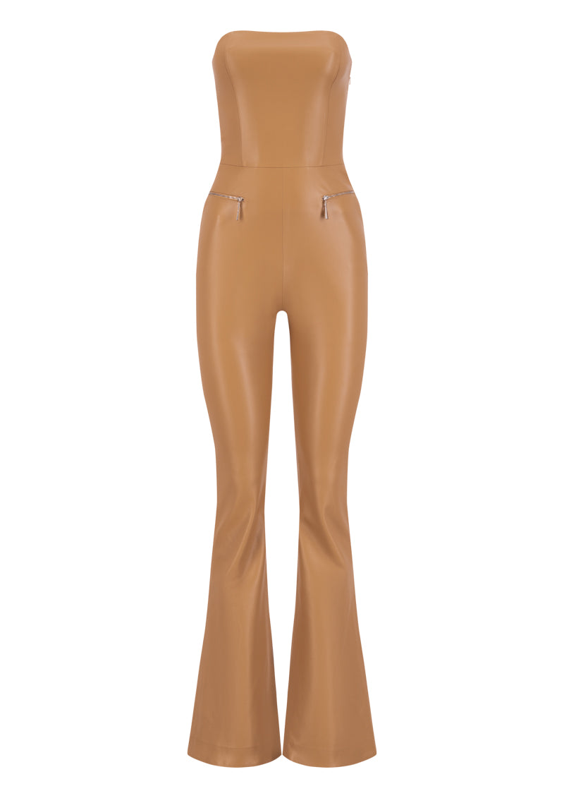 Vegan Leather Bodycon Jumpsuit With Zipper Deatiling