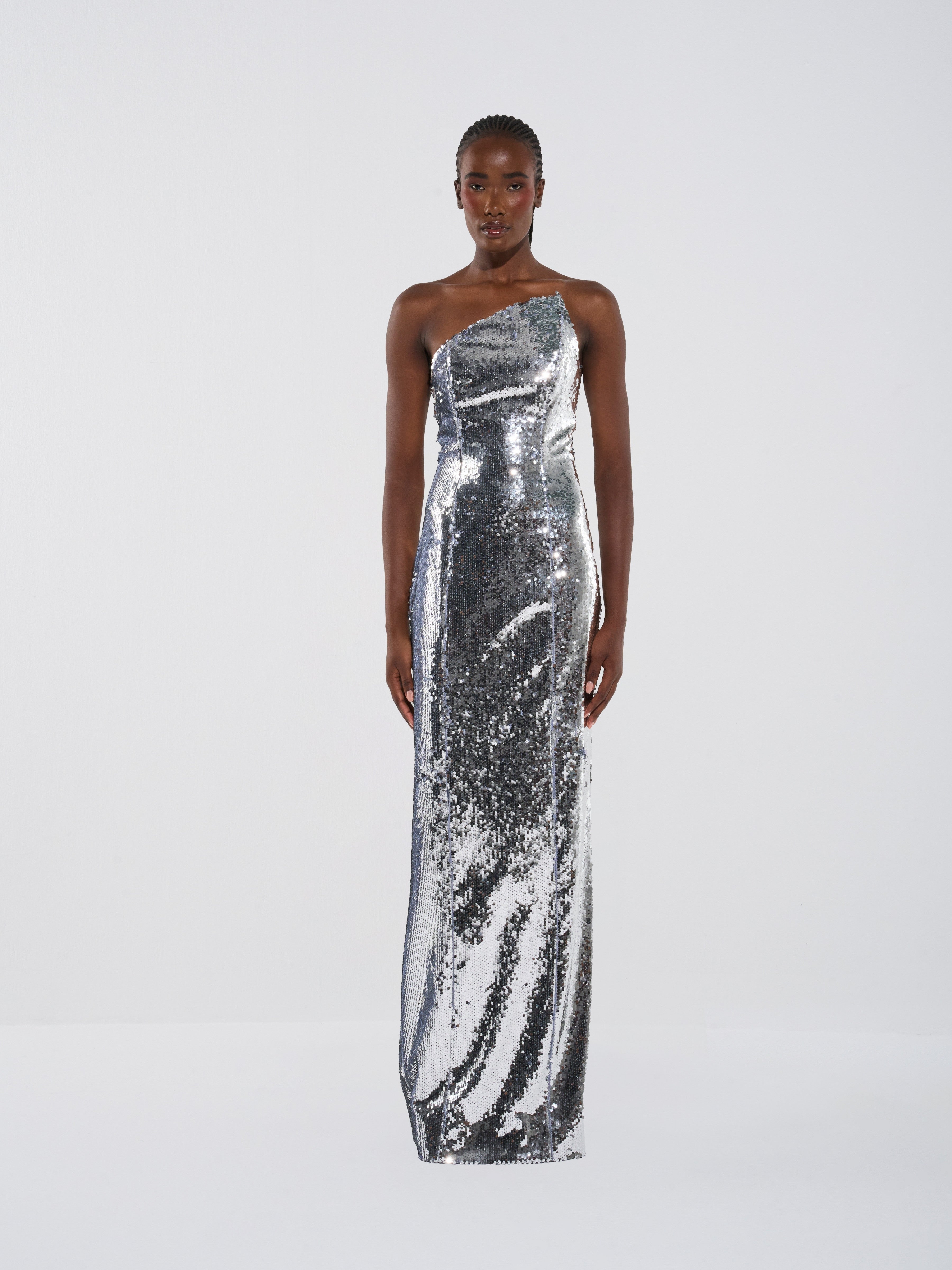 Asymmetric Sequin Column Gown