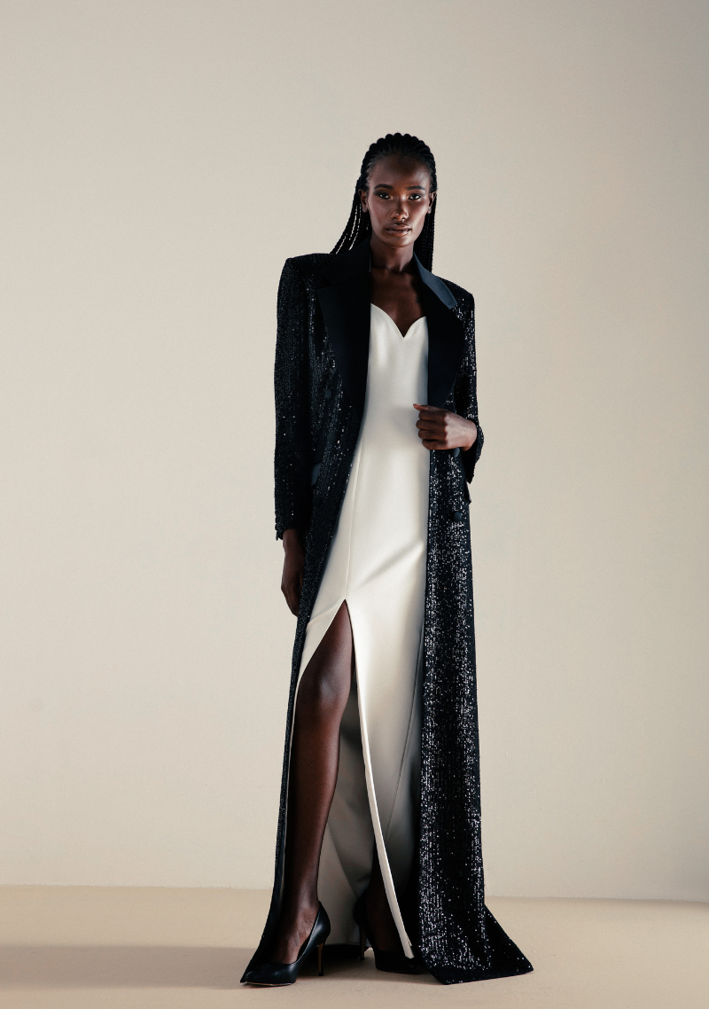 Sequin Coat with Royal Satin Evening Dress Co-ord