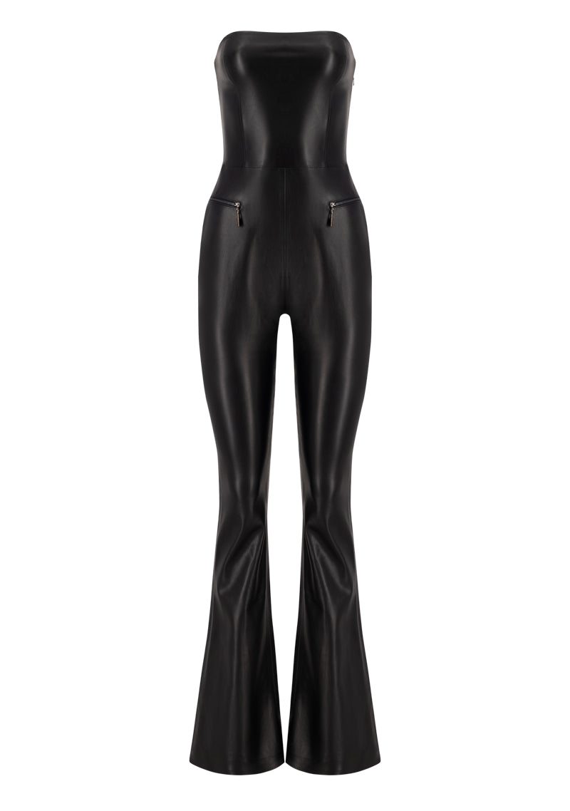 Vegan Leather Bodycon Jumpsuit With Zipper Deatiling