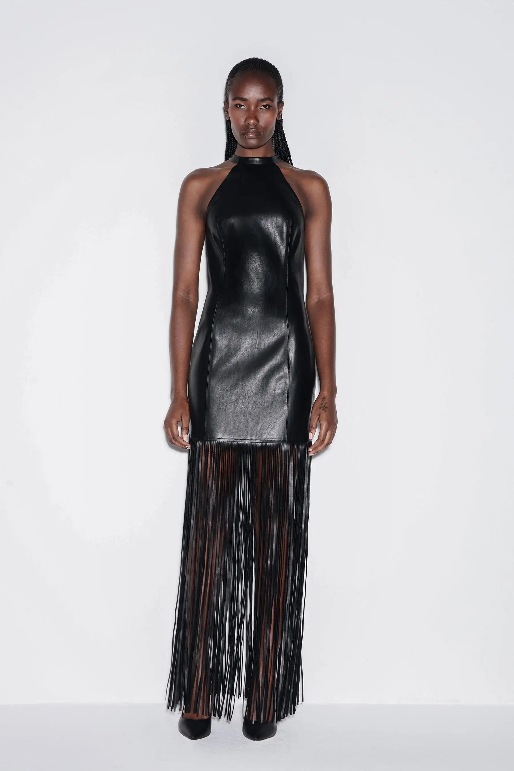 Vegan Leather Fringe Maxi Dress