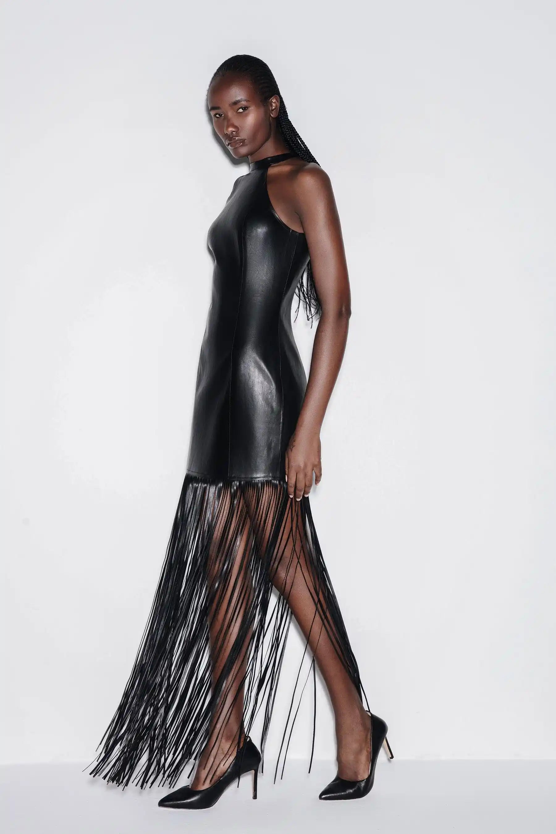 Vegan Leather Fringe Maxi Dress