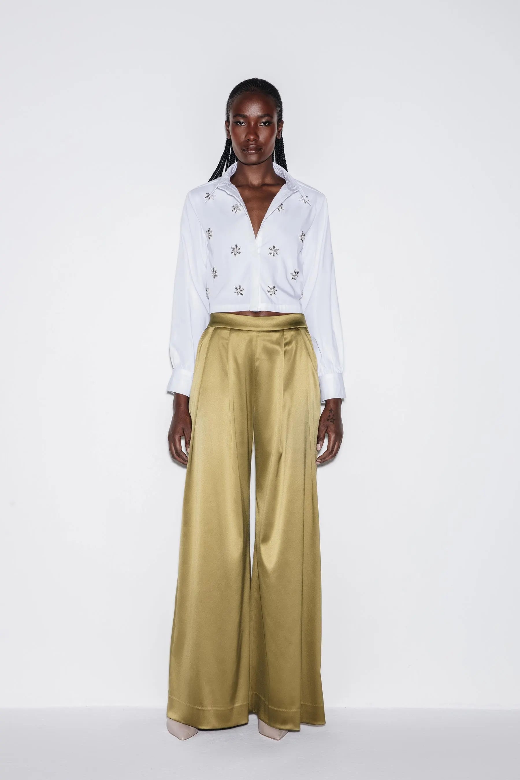 Chic Embellished Cropped Boxy Shirt