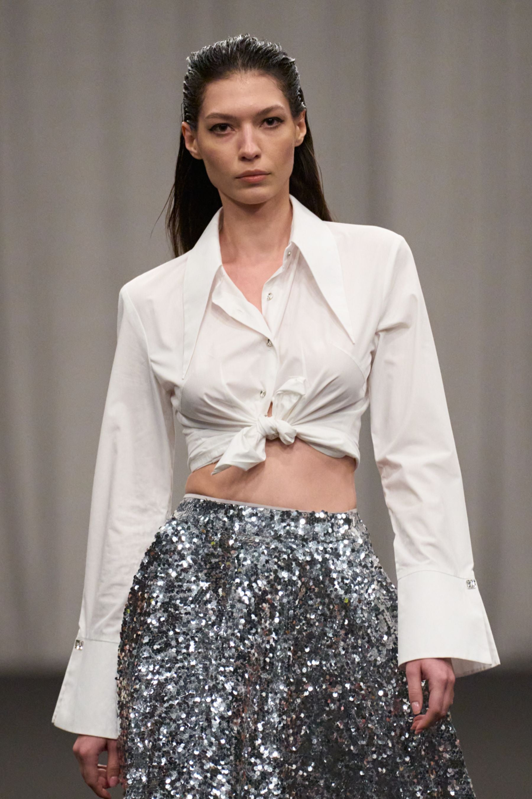 Elegant Tailored Shirt & Sequin Maxi Skirt Set