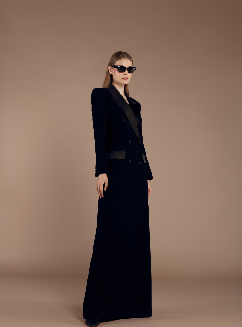 Radiant Elegance Crepe Long Coat Dress