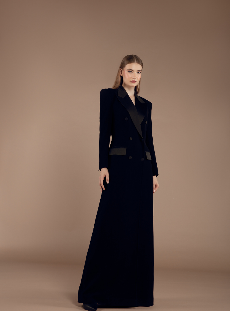 Radiant Elegance Crepe Long Coat Dress