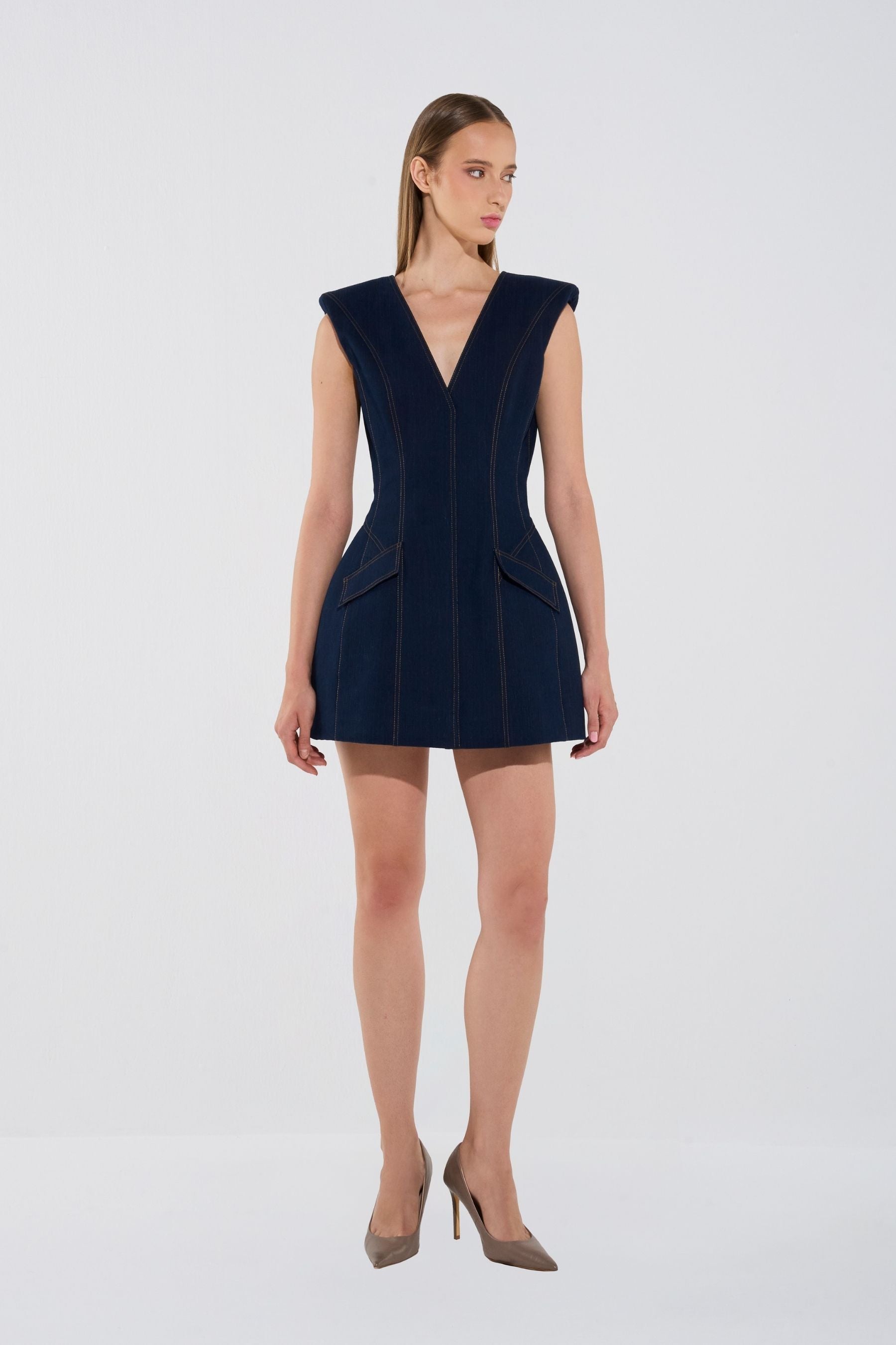 Denim Sculpted Sleeveless Mini Dress