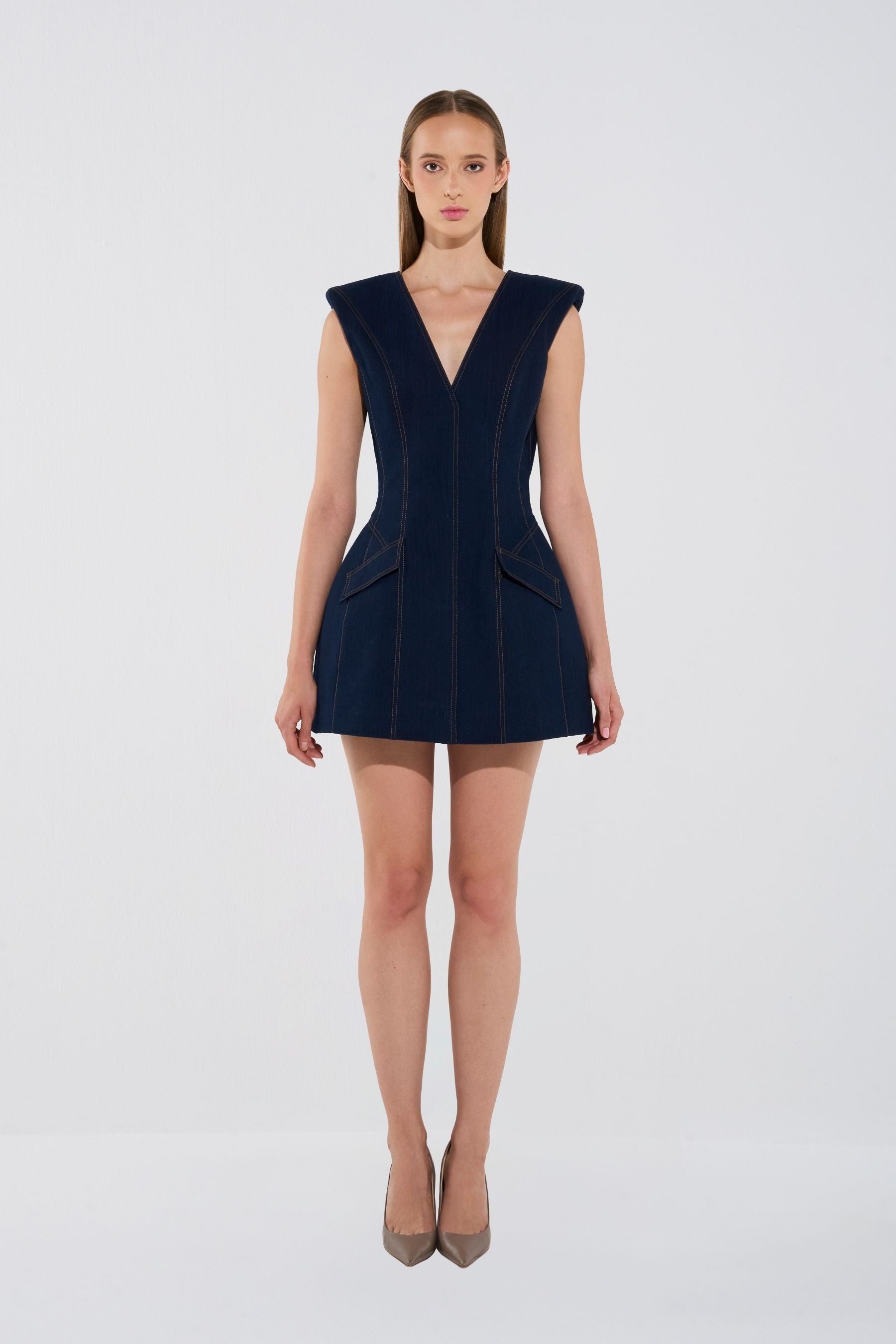 Denim Sculpted Sleeveless Mini Dress