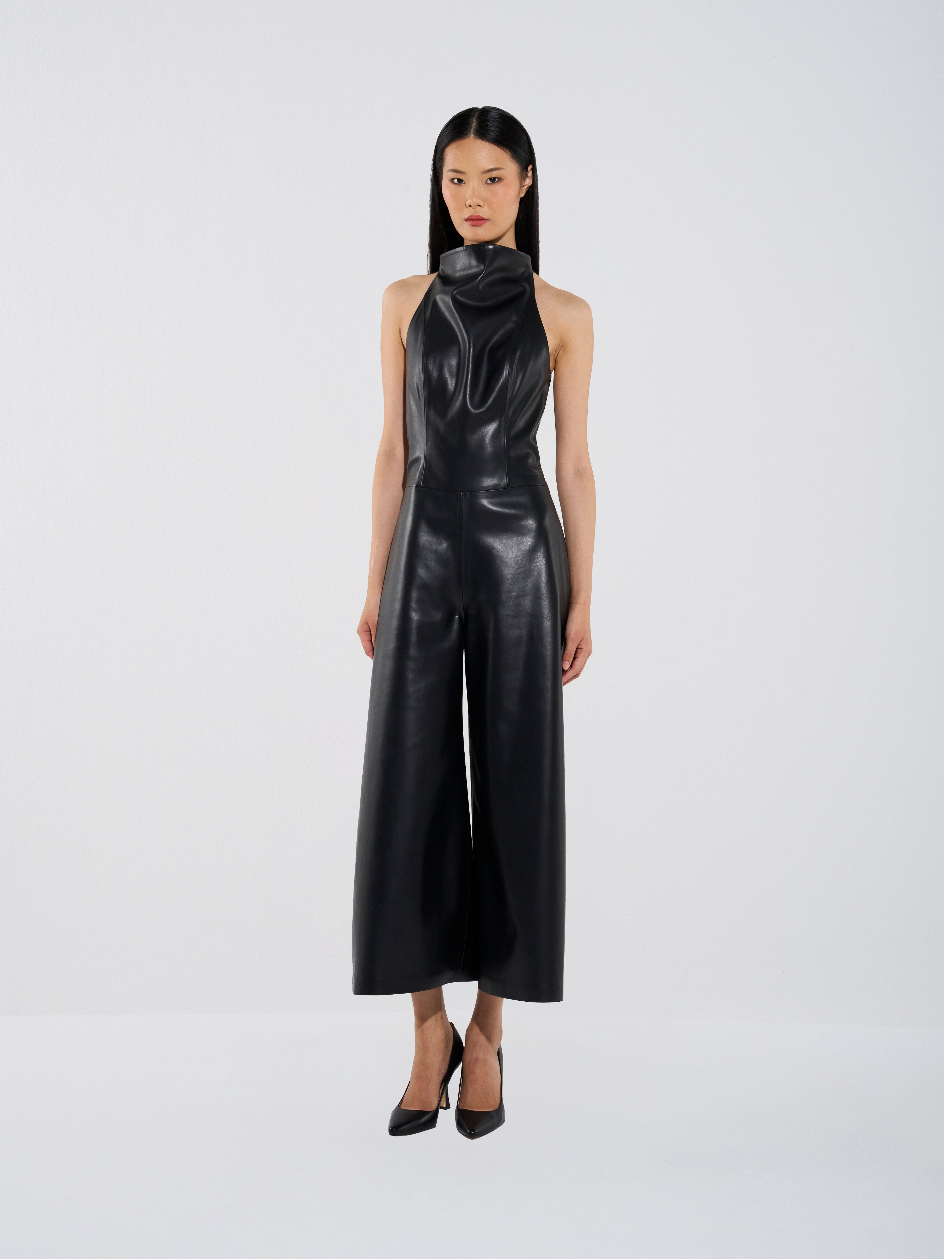 Vegan Leather Full-Length Halter Jumpsuit