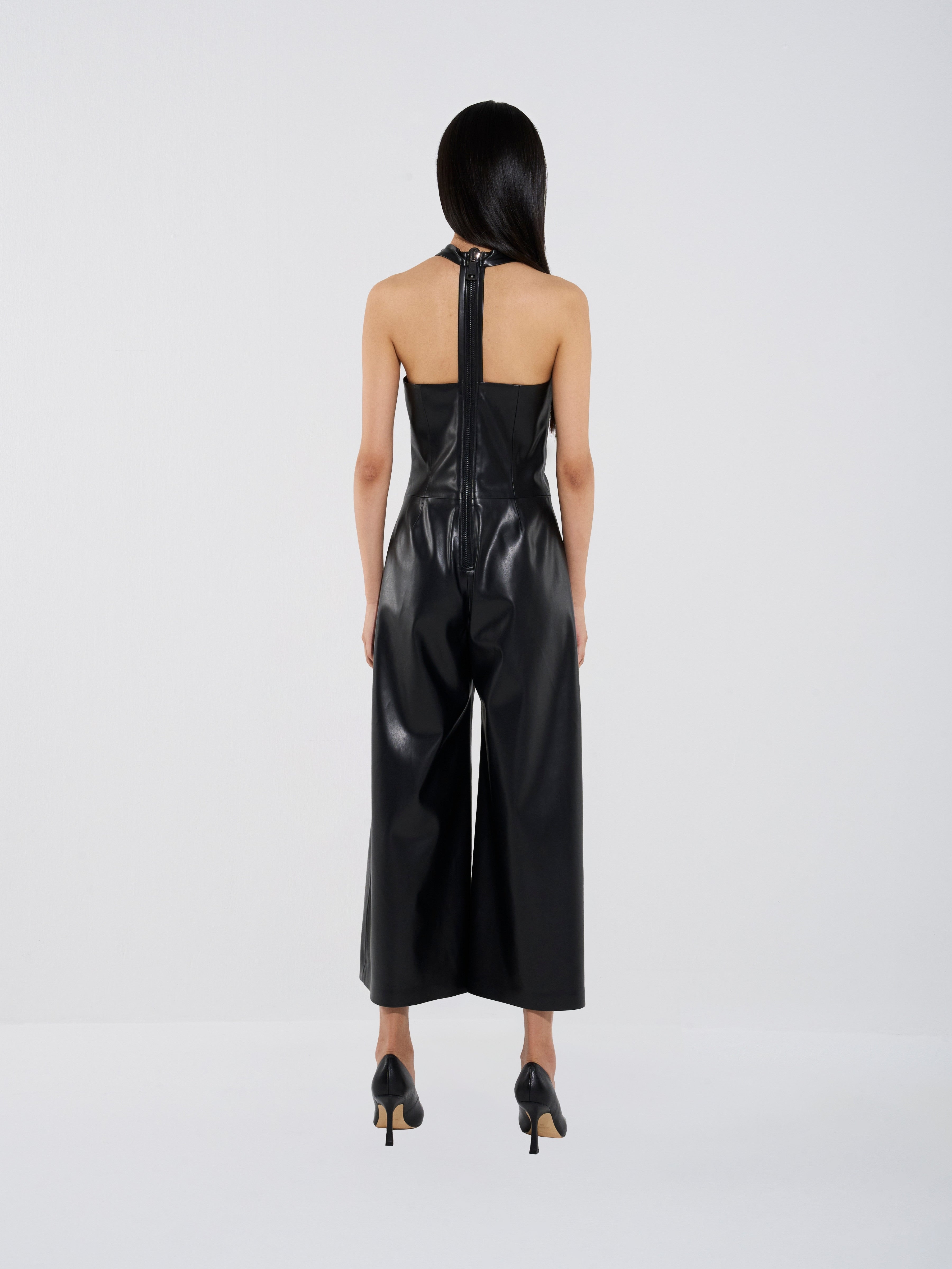 Vegan Leather Full-Length Halter Jumpsuit