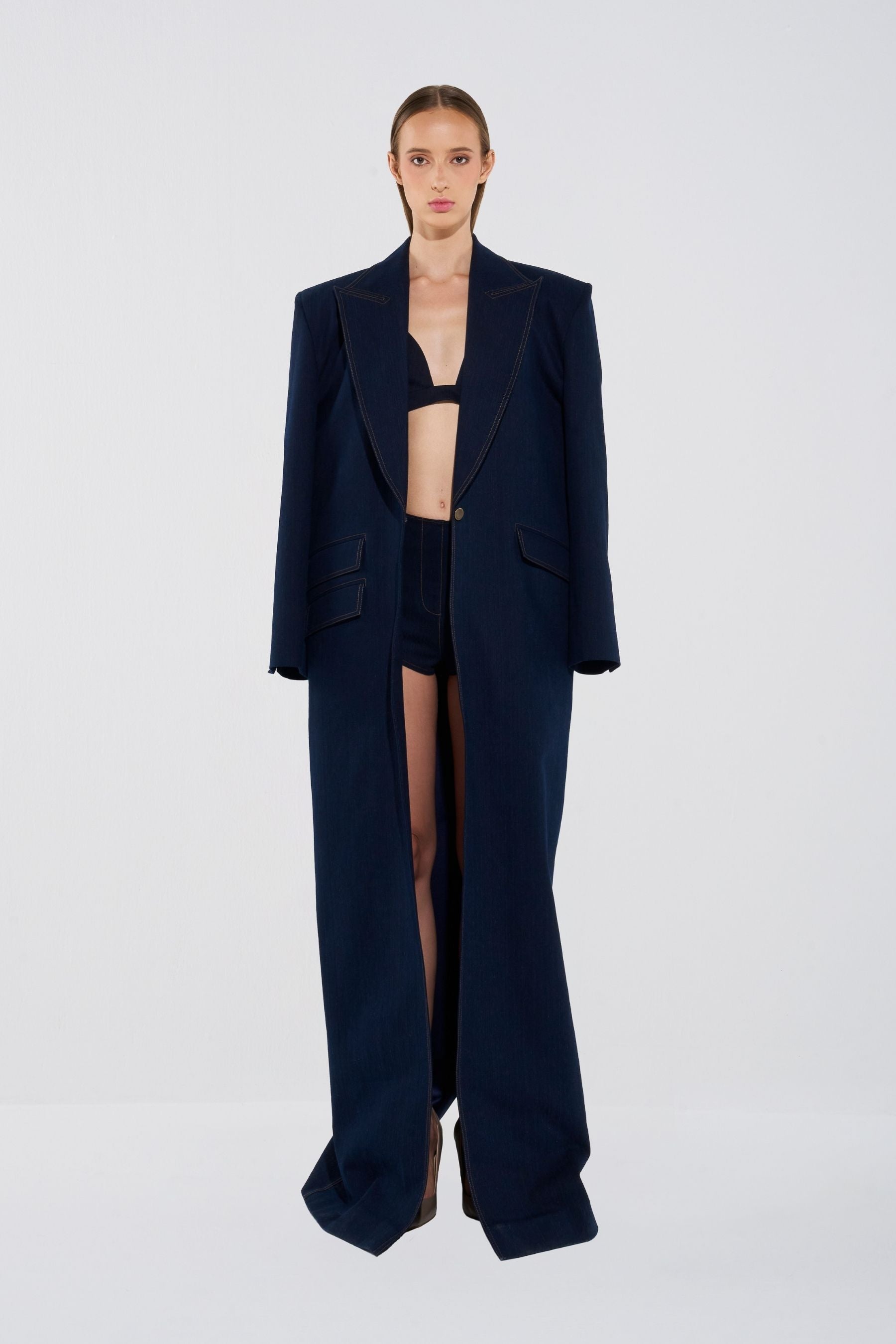 Oversized Denim Coat with Peak Lapel