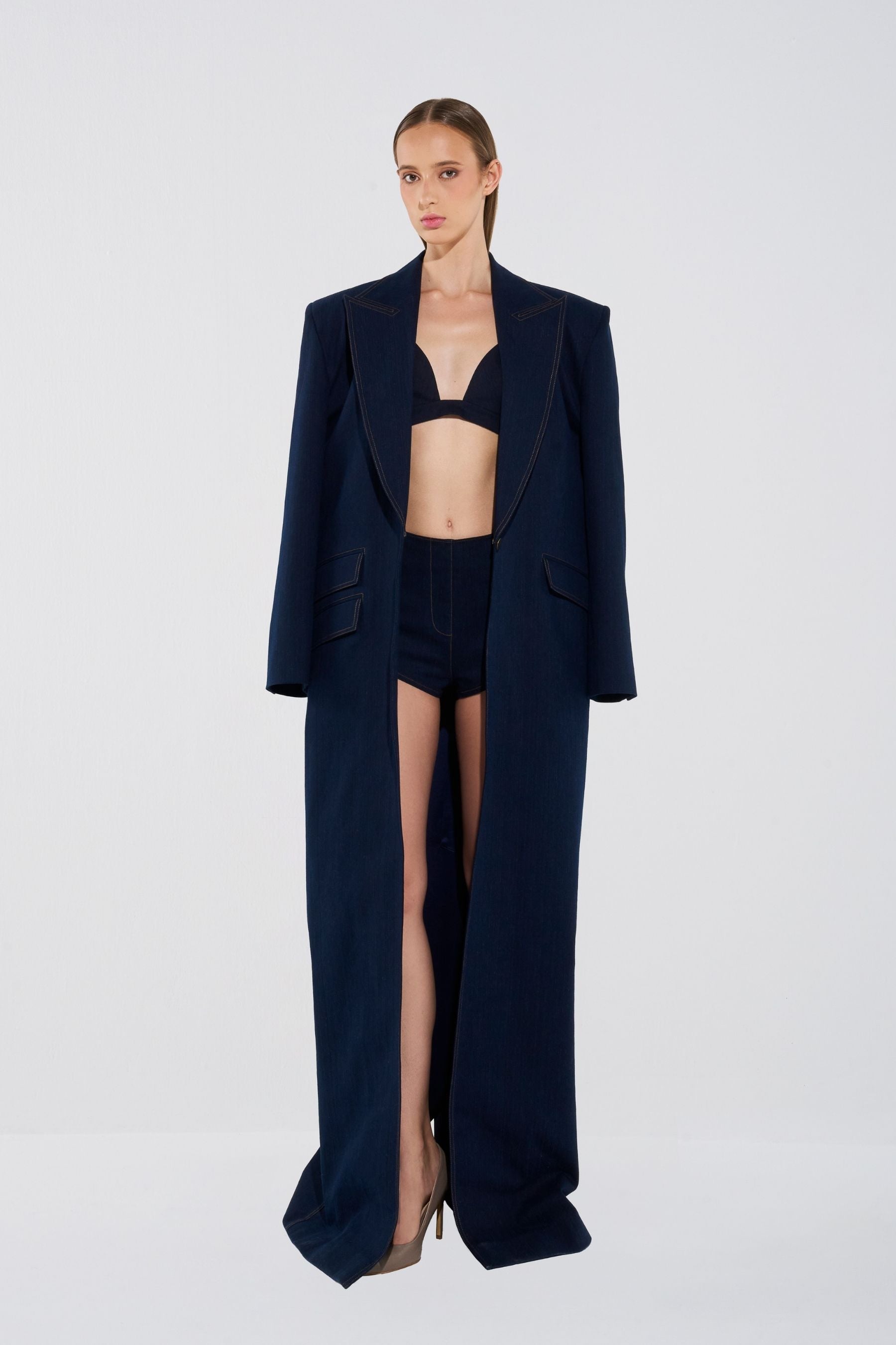 Oversized Denim Coat with Peak Lapel