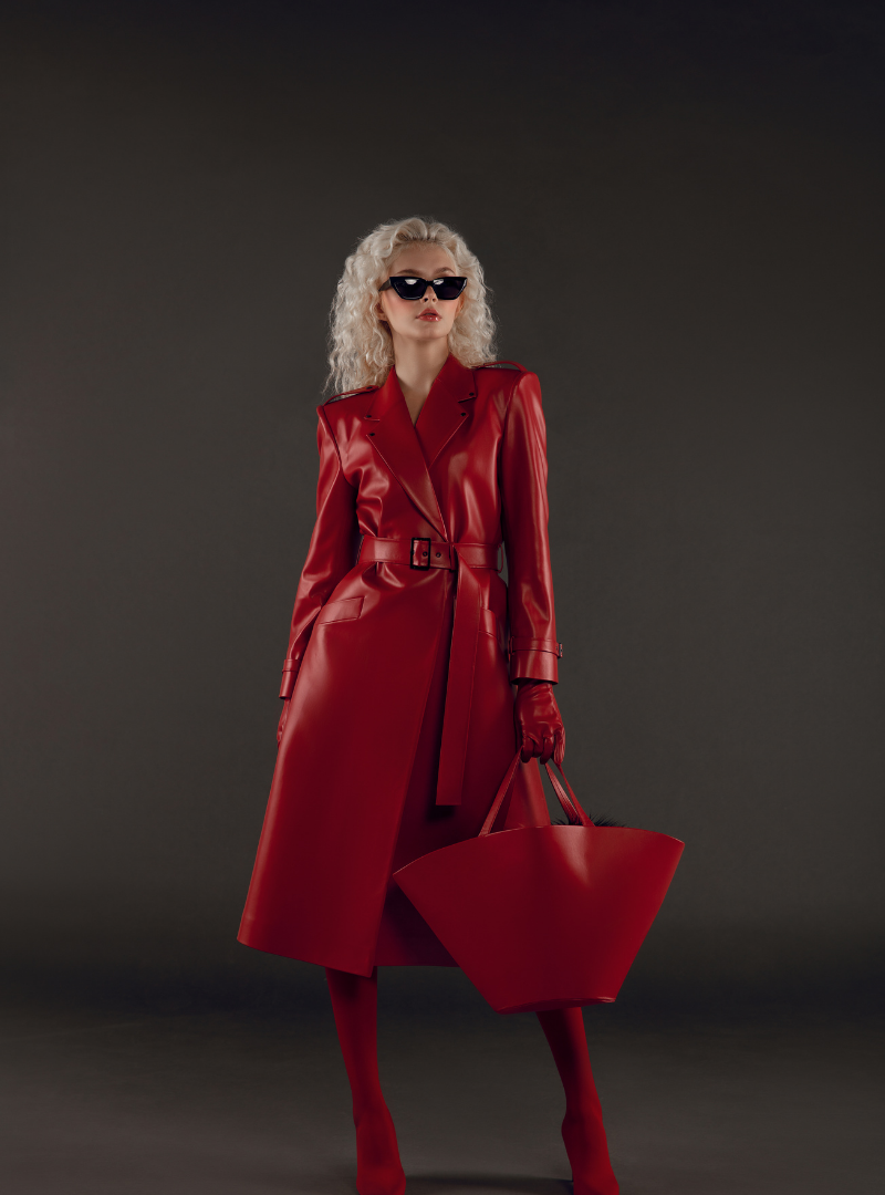 Chic Retreat Vegan Leather Belted Coat in Red
