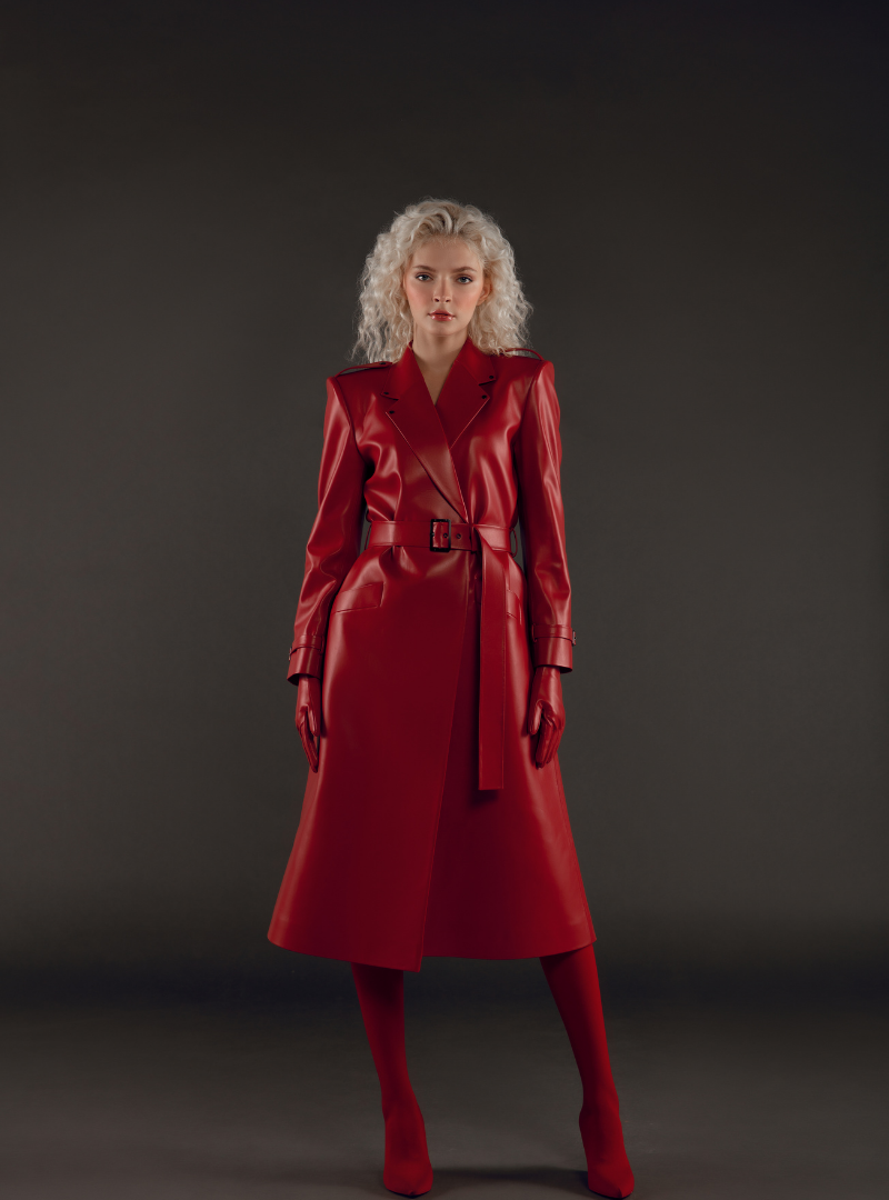 Chic Retreat Vegan Leather Belted Coat Red