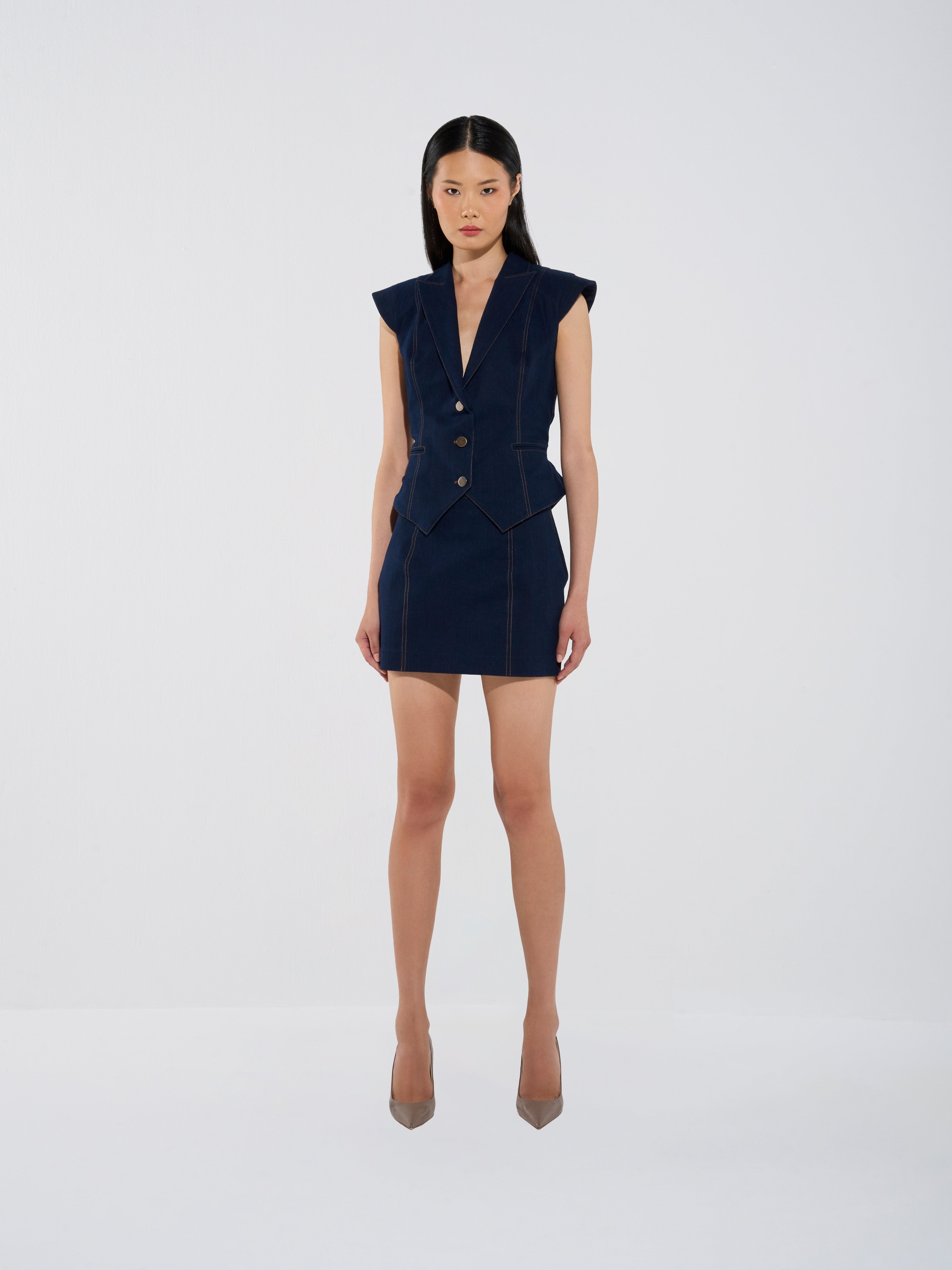 Tailored Denim Vest & Mini Skirt Set