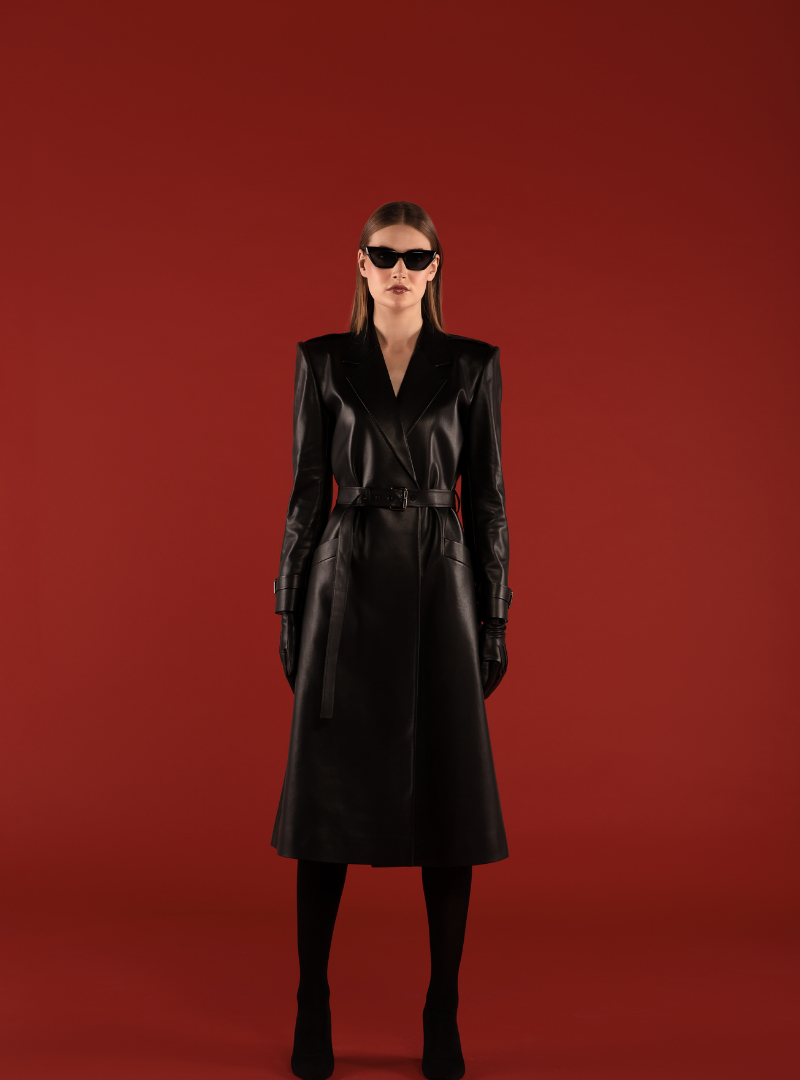 Chic Retreat Vegan Leather Belted Coat in Black