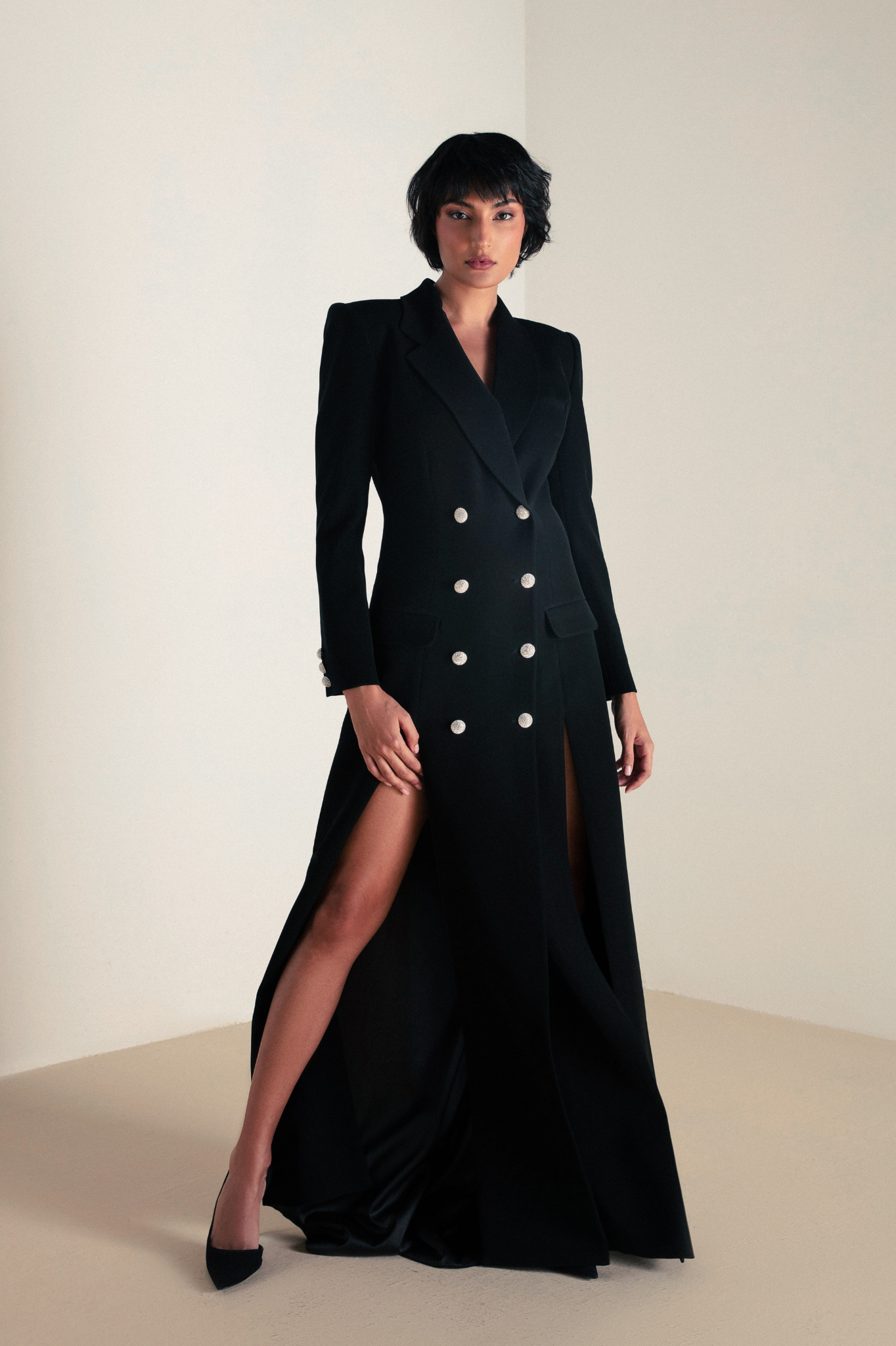 Long Thick Crepe with Crystal Buttons Coat