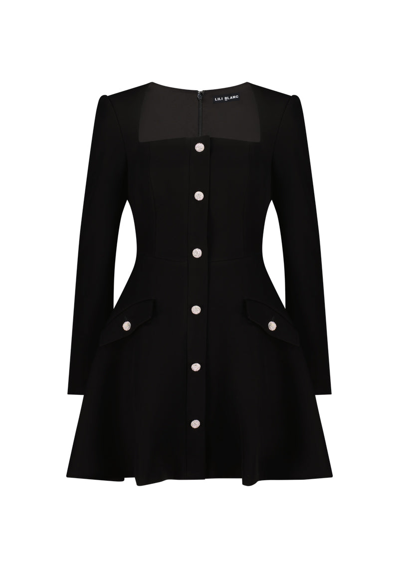 Long Sleeve with Crystal Buttons Mini Dress