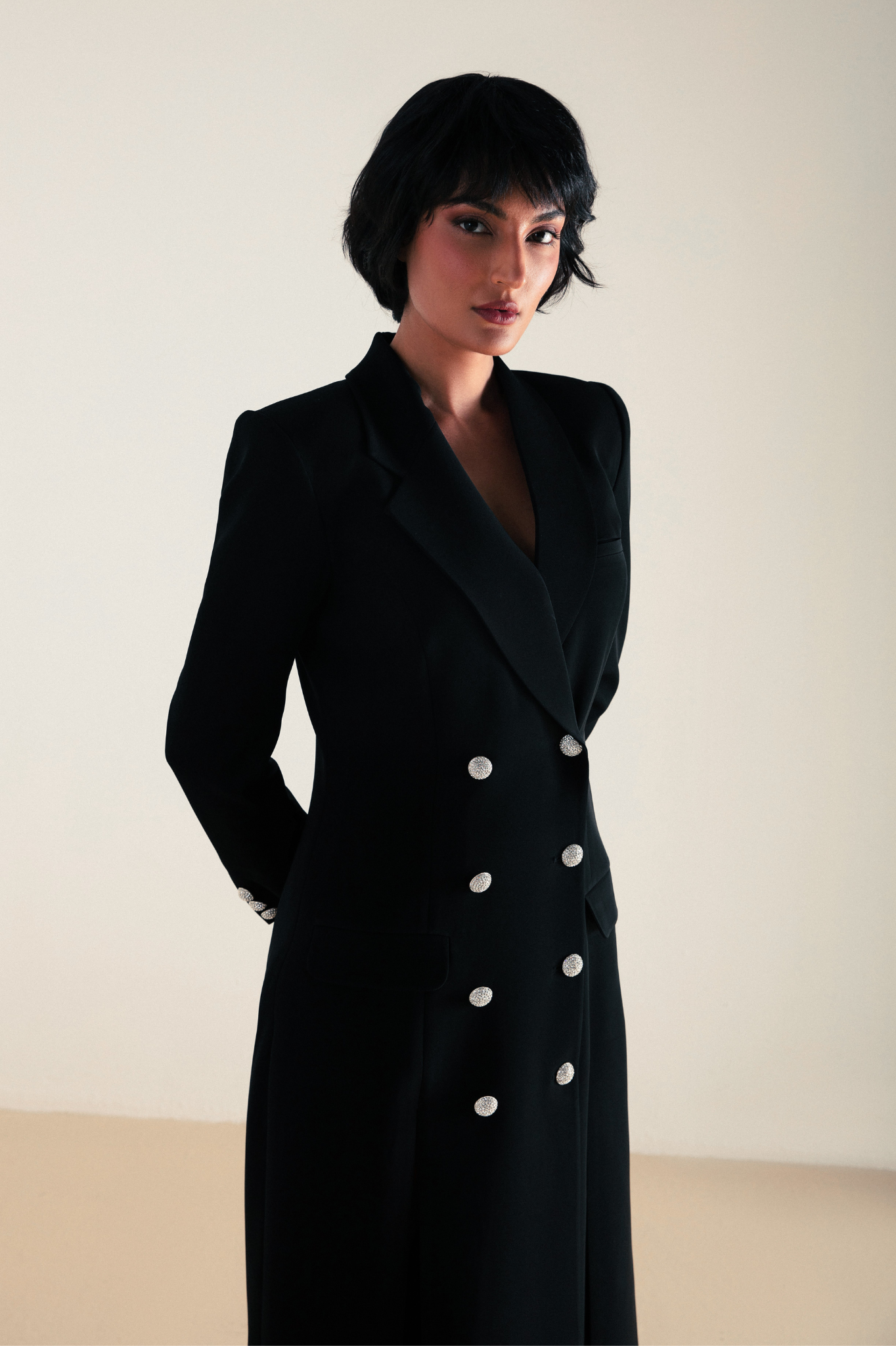 Long Thick Crepe with Crystal Buttons Coat