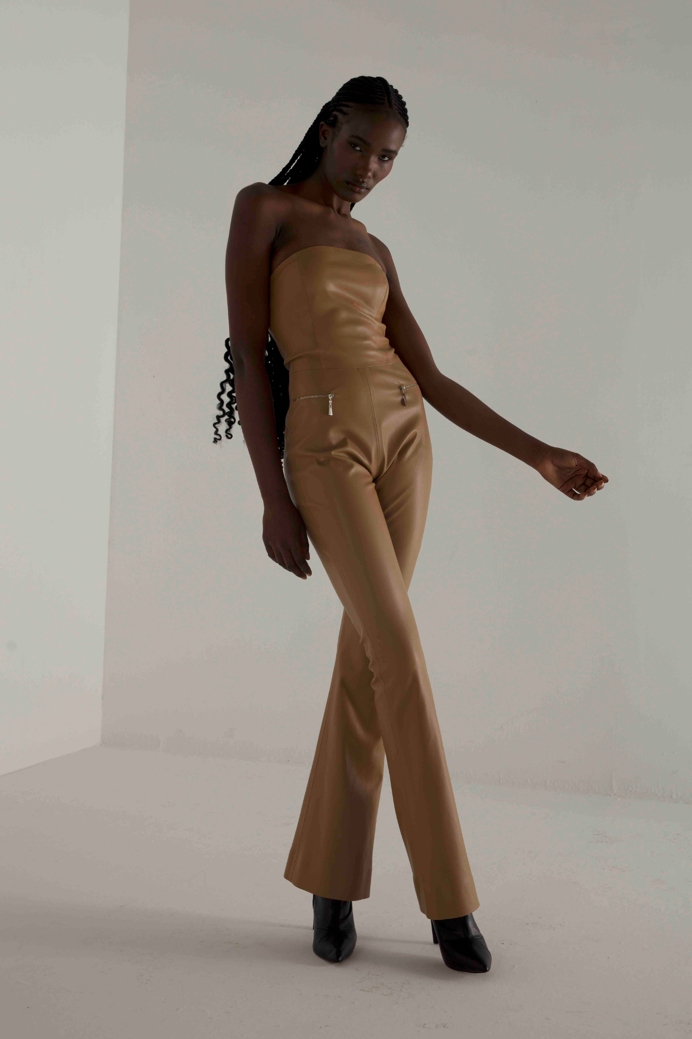 Vegan Leather Bodycon Jumpsuit With Zipper Deatiling