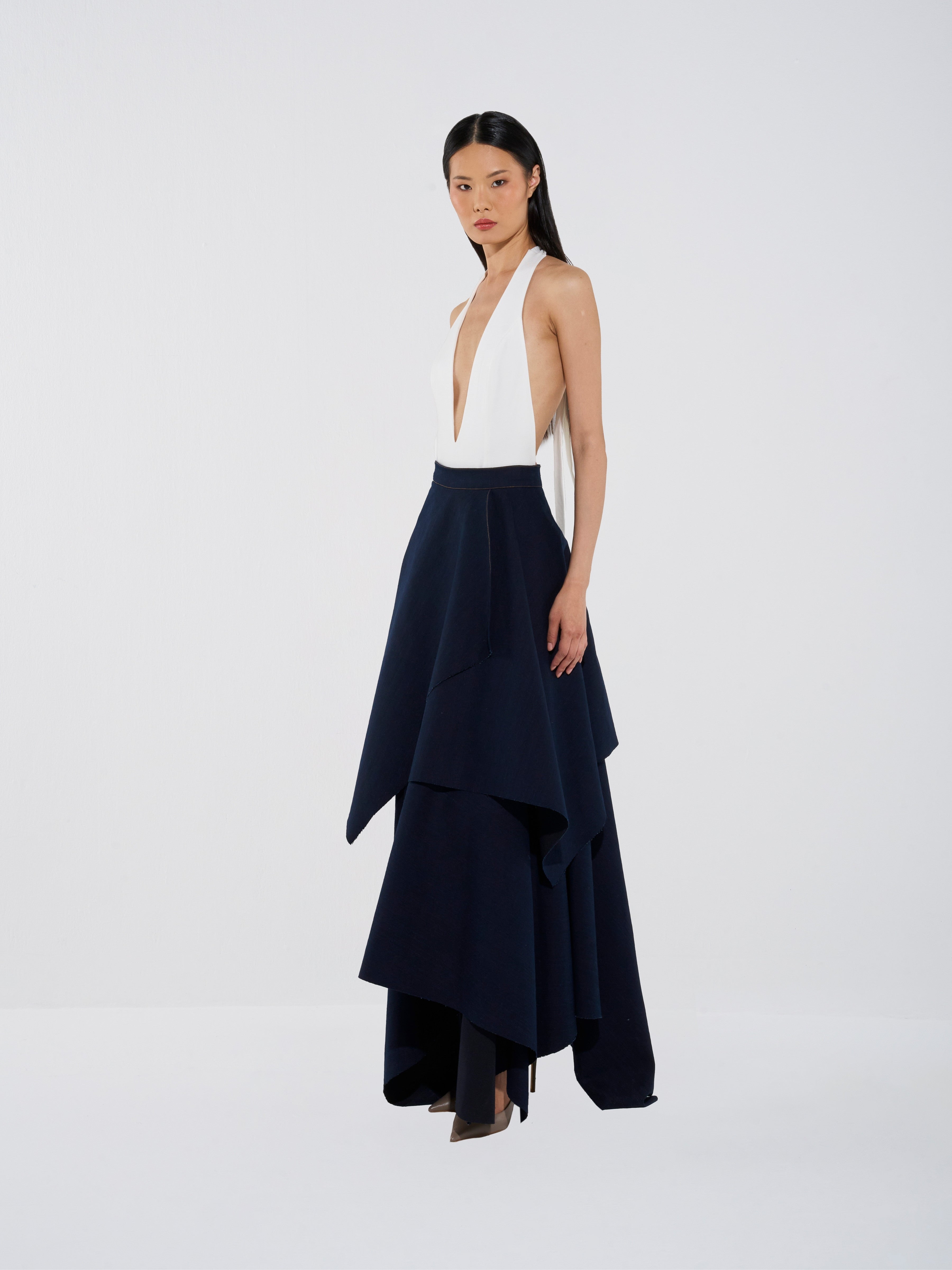 Plunge Bodysuit & Asymmetrical Denim Skirt Set