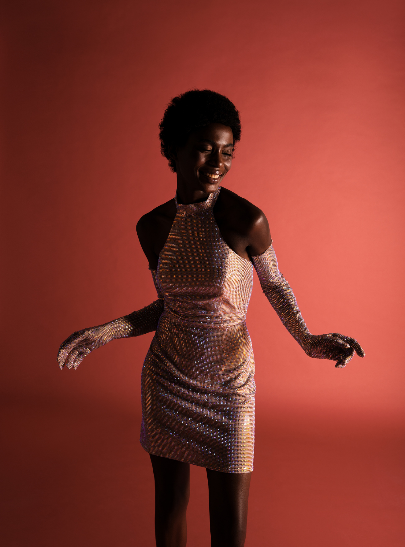 Elegant Crystal Mesh Halter Dress