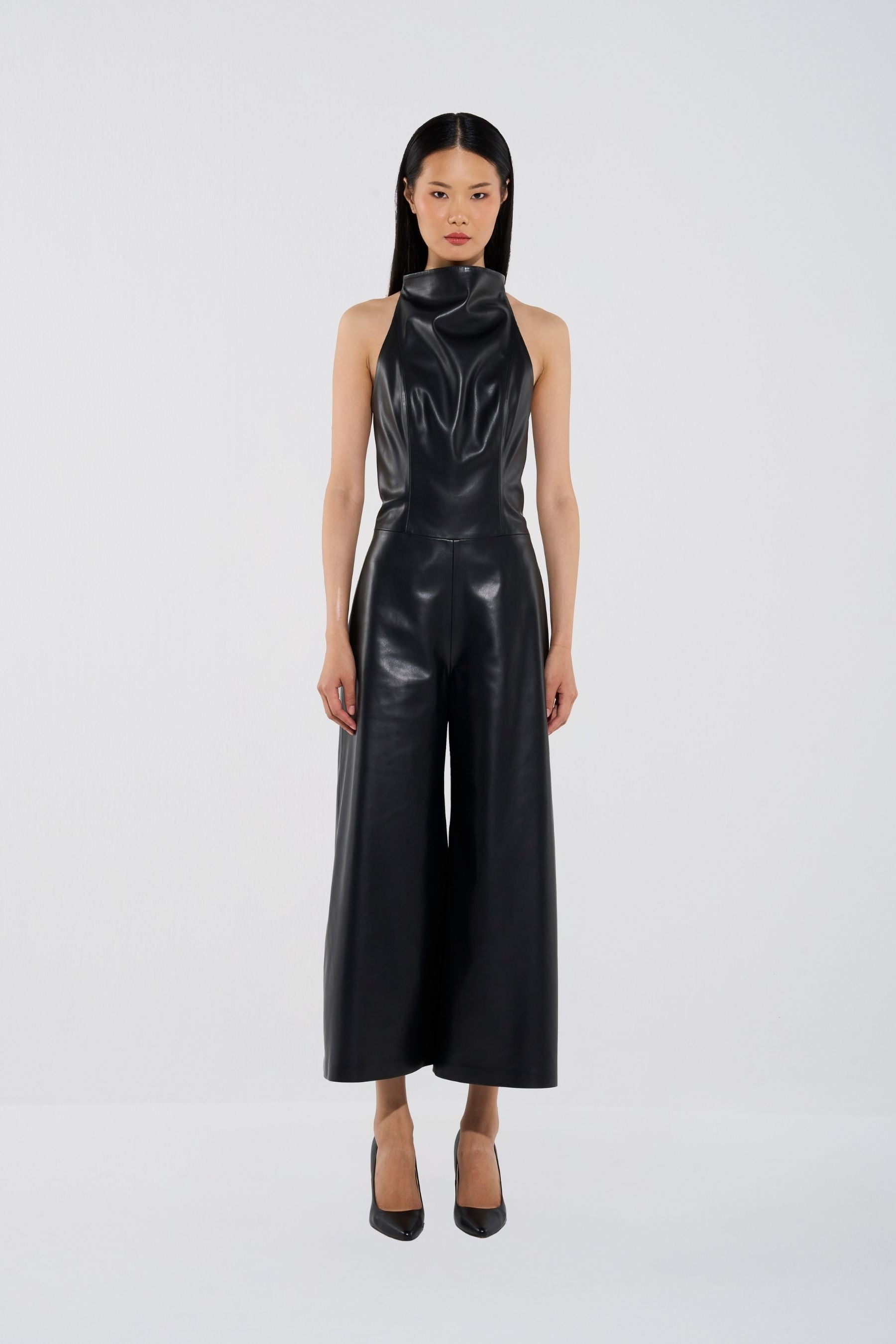 Vegan Leather Full-Length Halter Jumpsuit