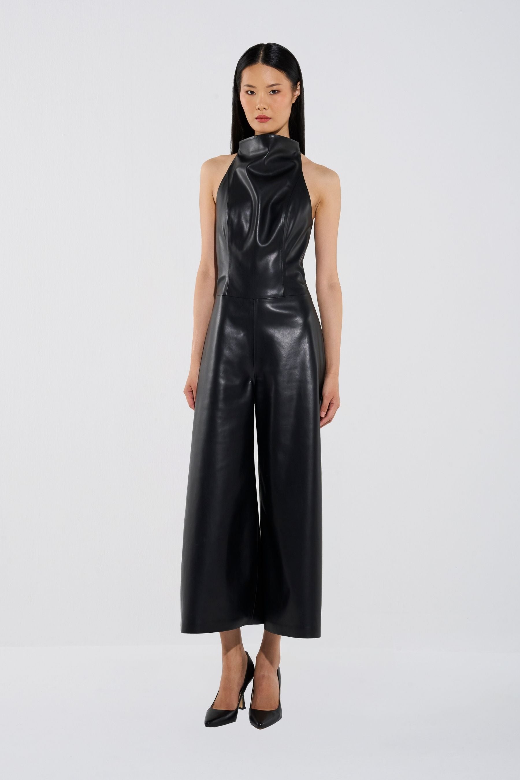 Vegan Leather Full-Length Halter Jumpsuit