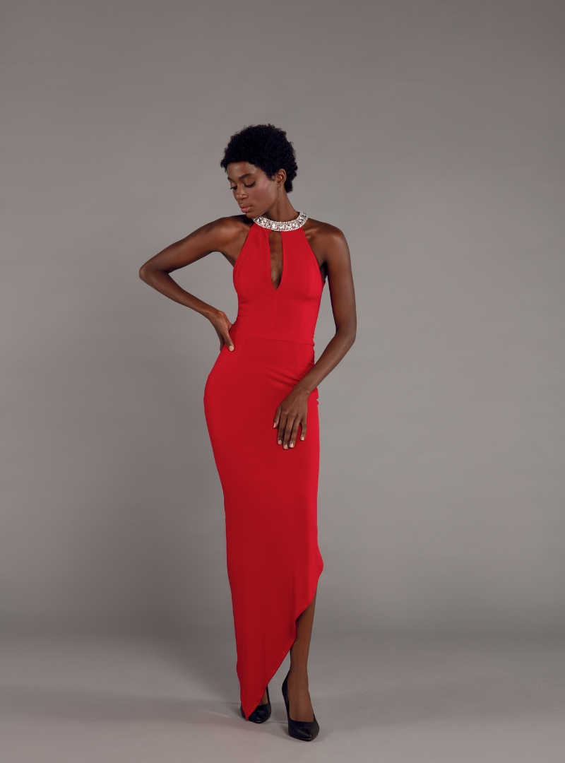 The Asymmetric Midi Dress in Red