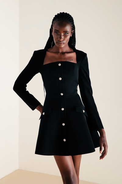 Long Sleeve with Crystal Buttons Mini Dress