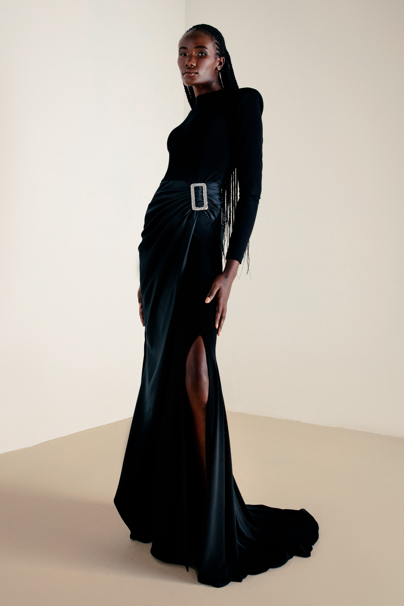 Evening Jersey Dress with Crystal Embellished Buckle