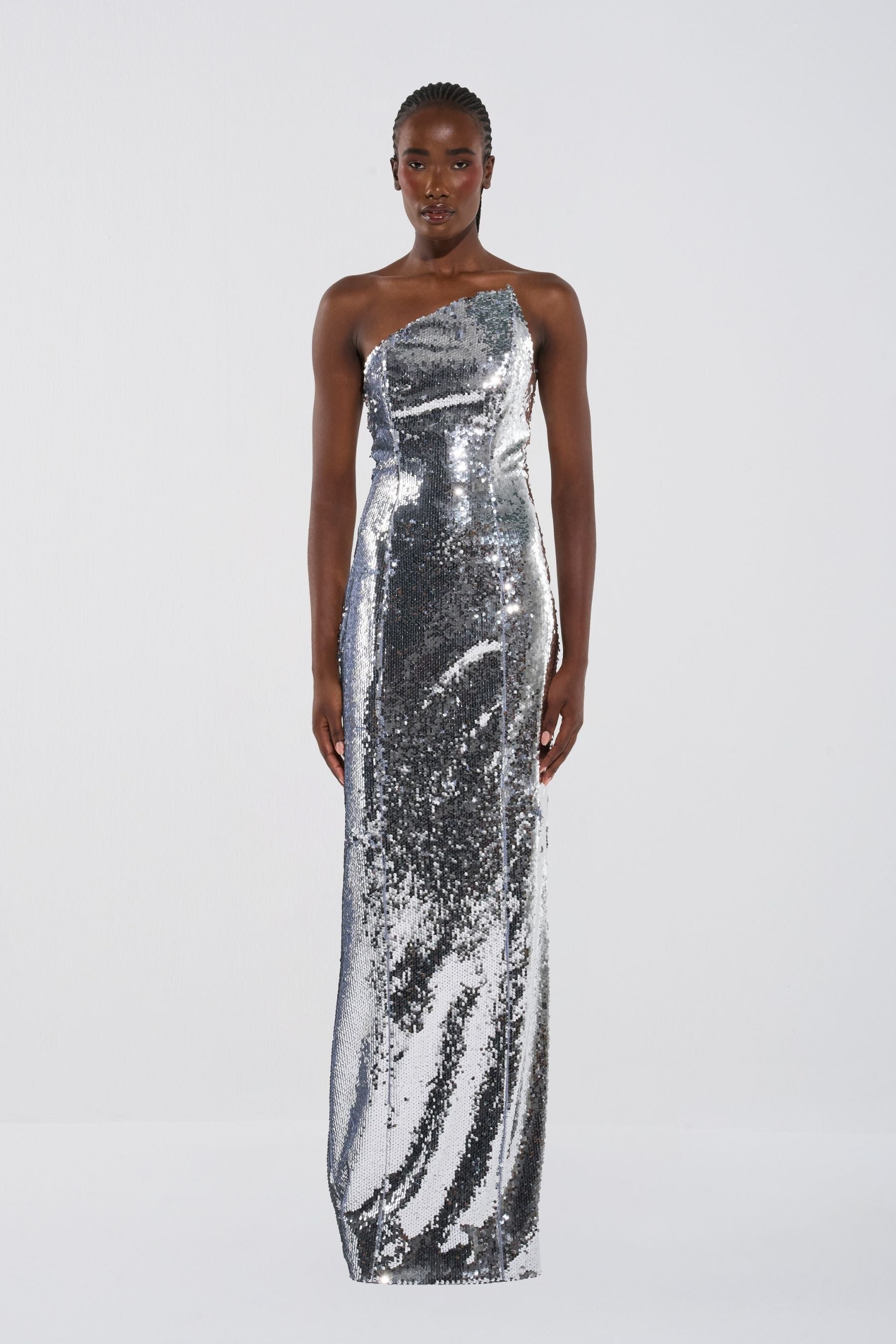 Asymmetric Sequin Column Gown