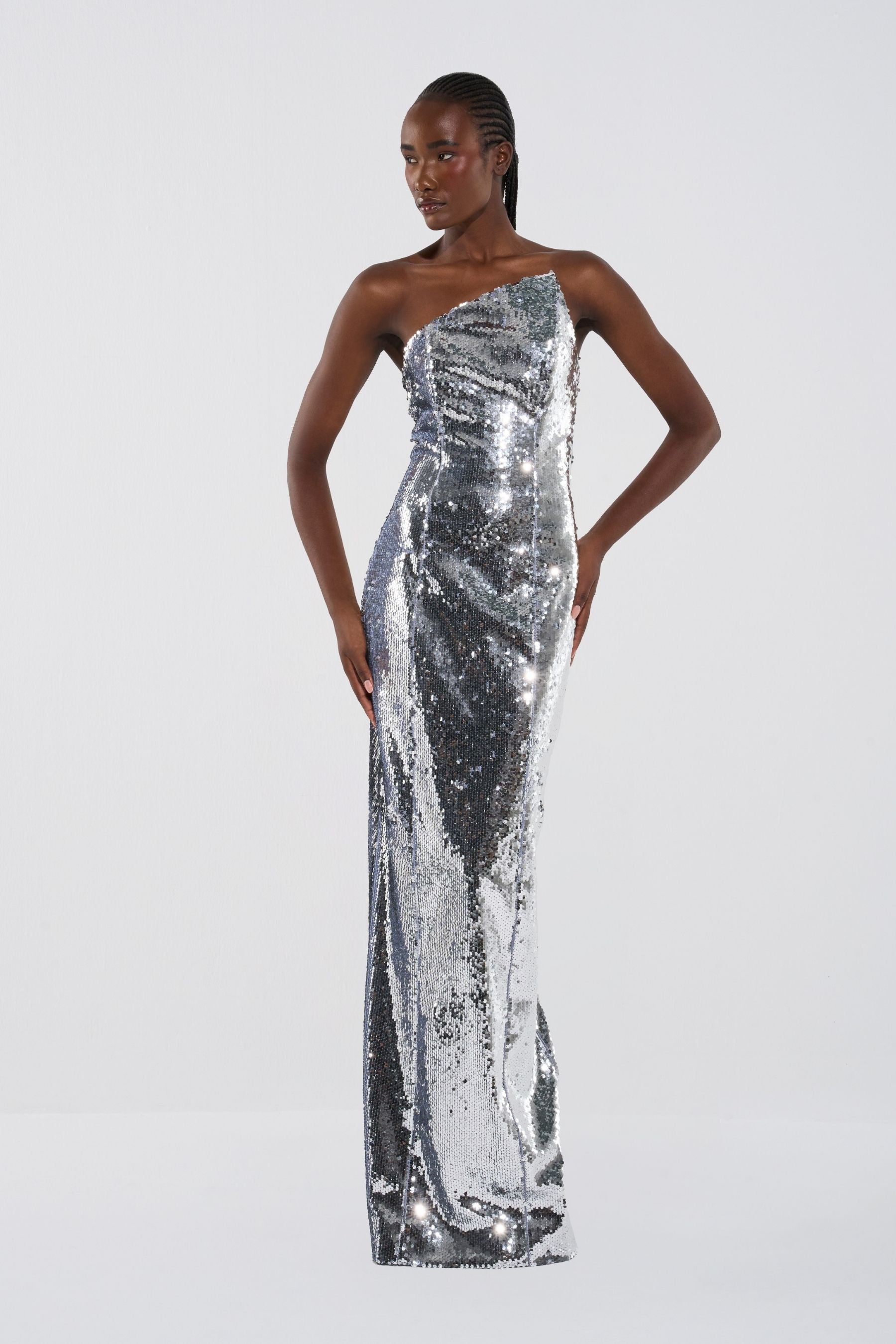 Asymmetric Sequin Column Gown