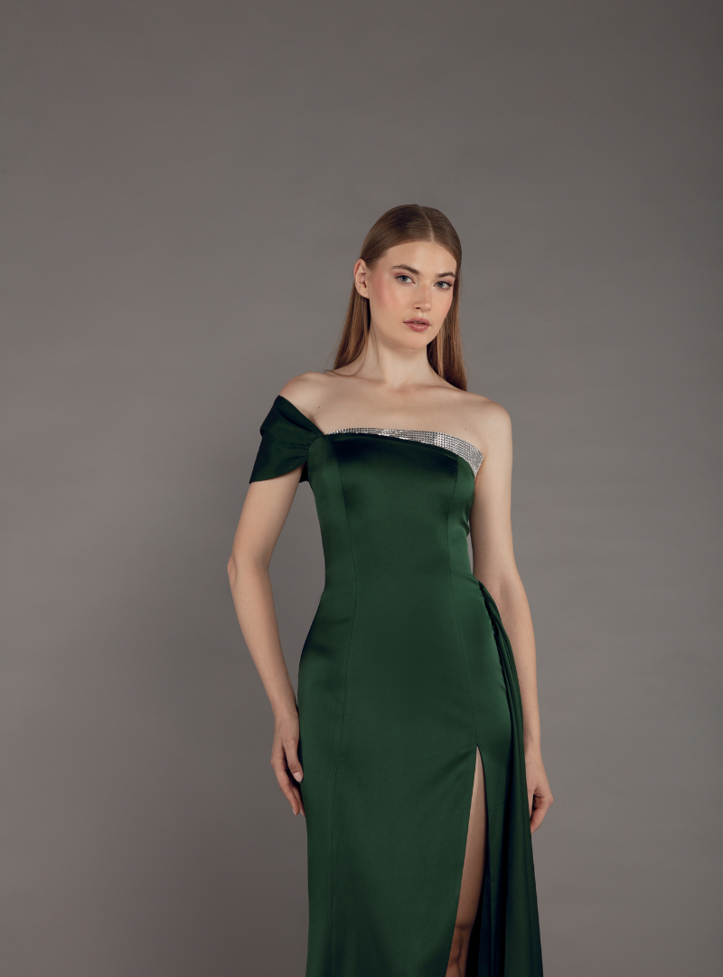 Celestial Elegance - A Captivating One-Shoulder Satin Dress