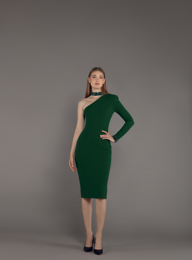 One Shoulder with Crystal Neckline Midi Dress